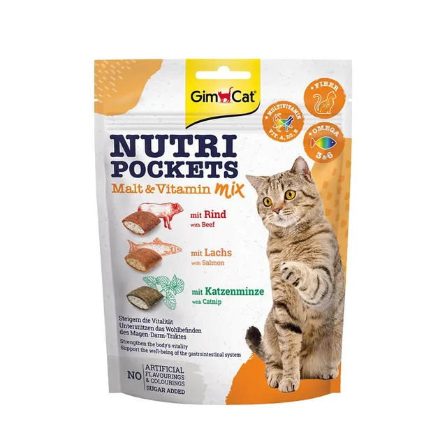 gimcat-nutri-pockets-malt-vitamin-mix-b-uf-saumon-herbe-chat-150-g image 1