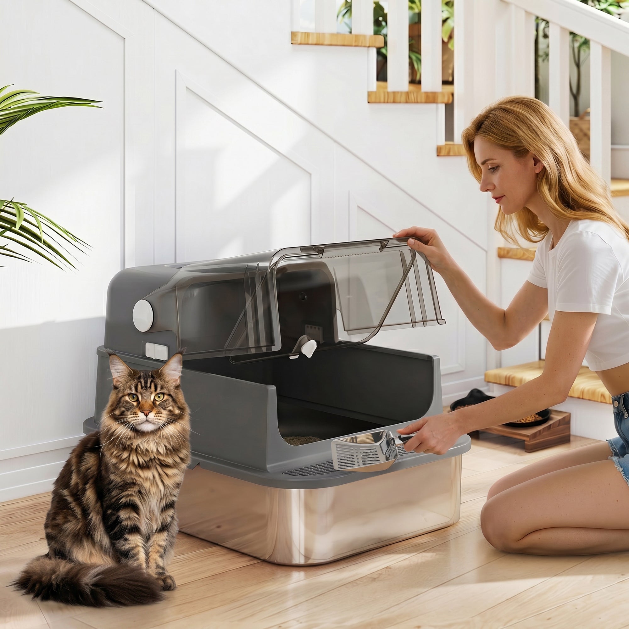 pawhut-bac-liti-re-chat-xxl-ferm-inox-avec-couvercle-noir image 3