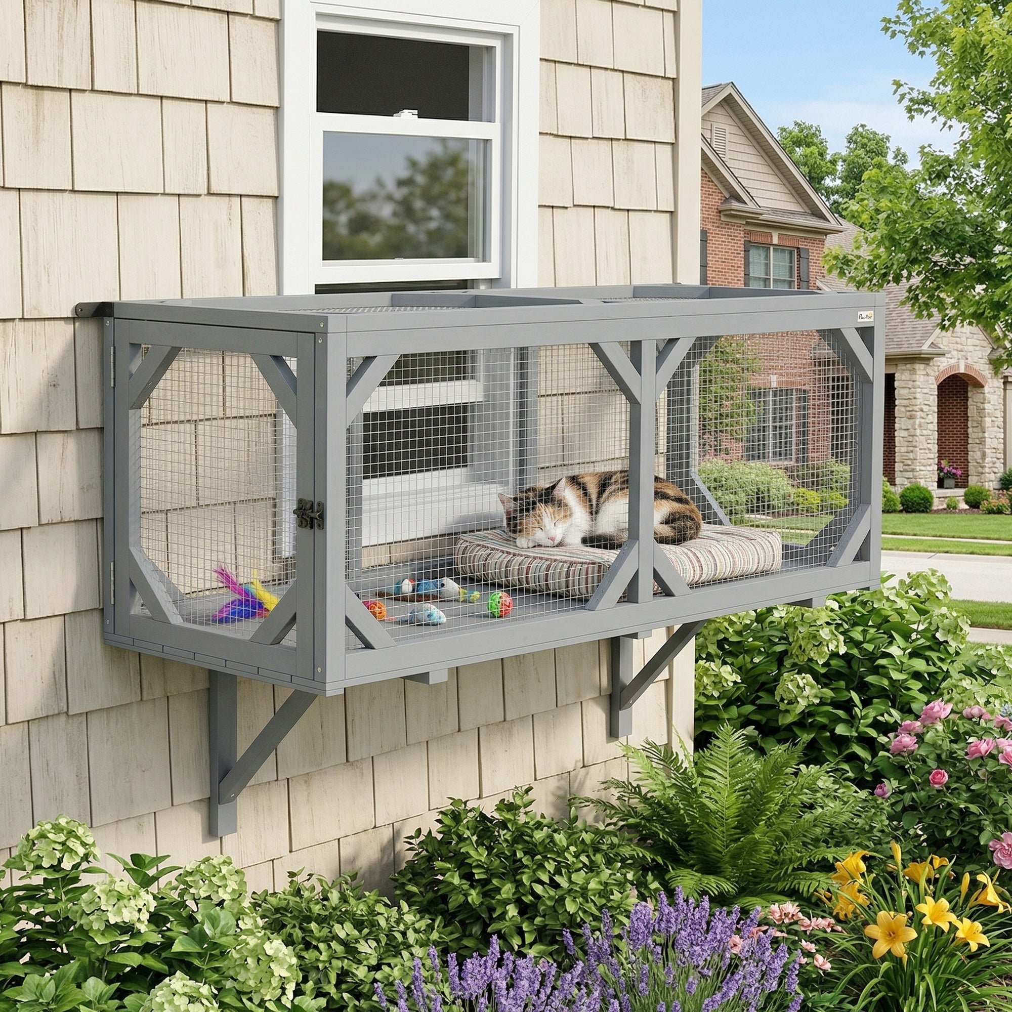 pawhut-tunnel-catio-mural-en-bois-avec-2-portes-et-design-extensible-gris image 3