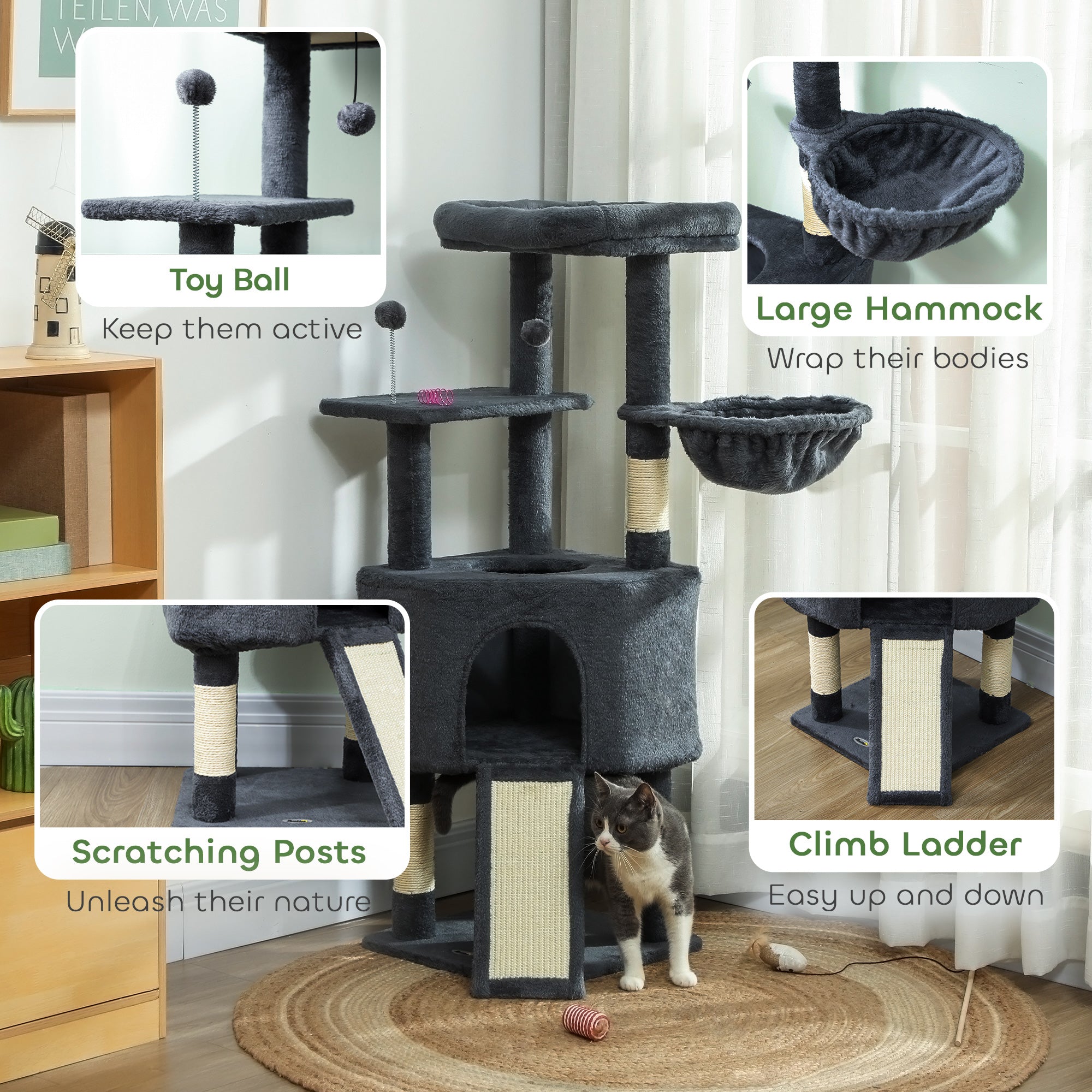 pawhut-arbre-chat-47-pouces-avec-niche-hamac-lit-et-chelle-gris-fonc image 8