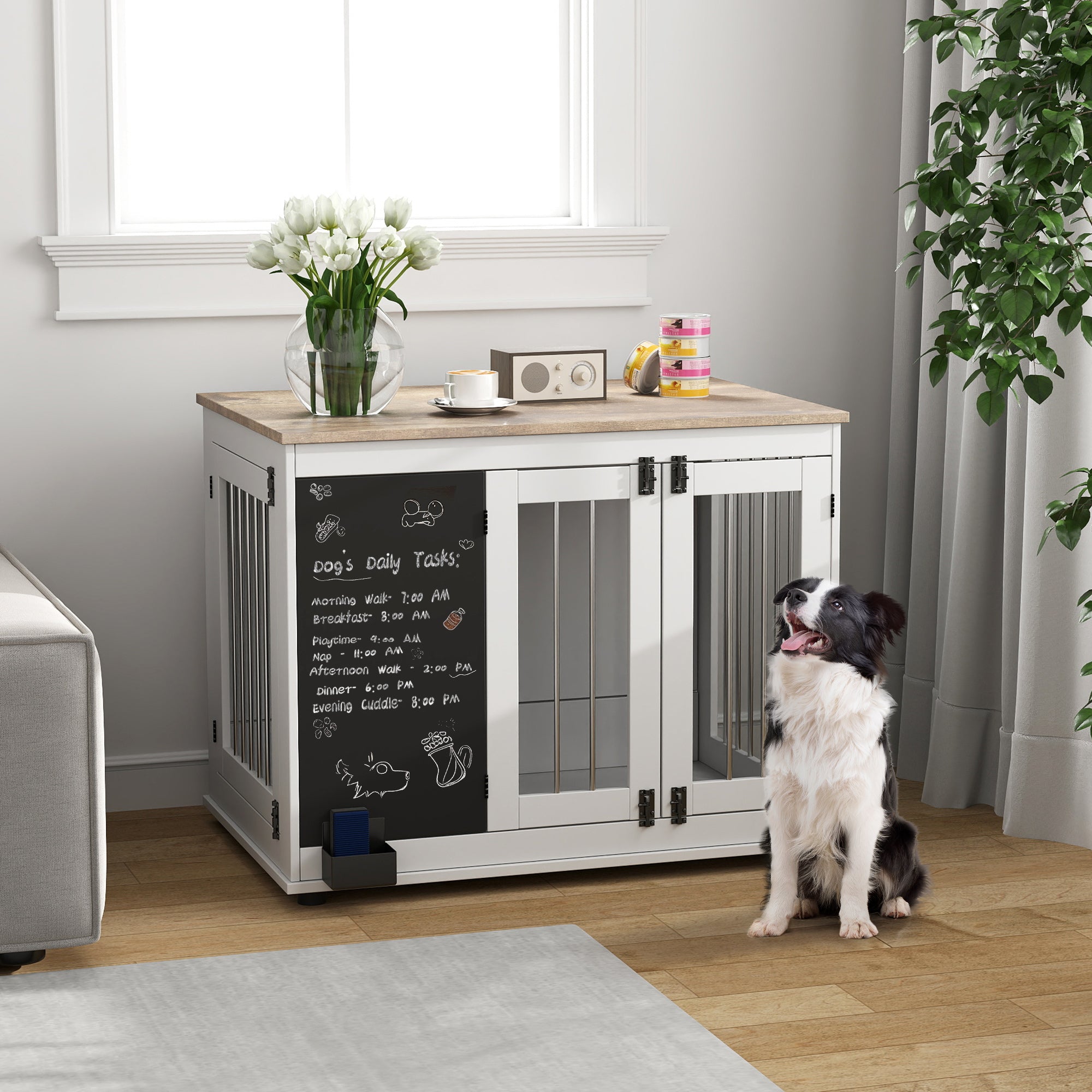 pawhut-niche-meuble-3-portes-blanche-avec-tableau-noir-pour-grand-chien image 5