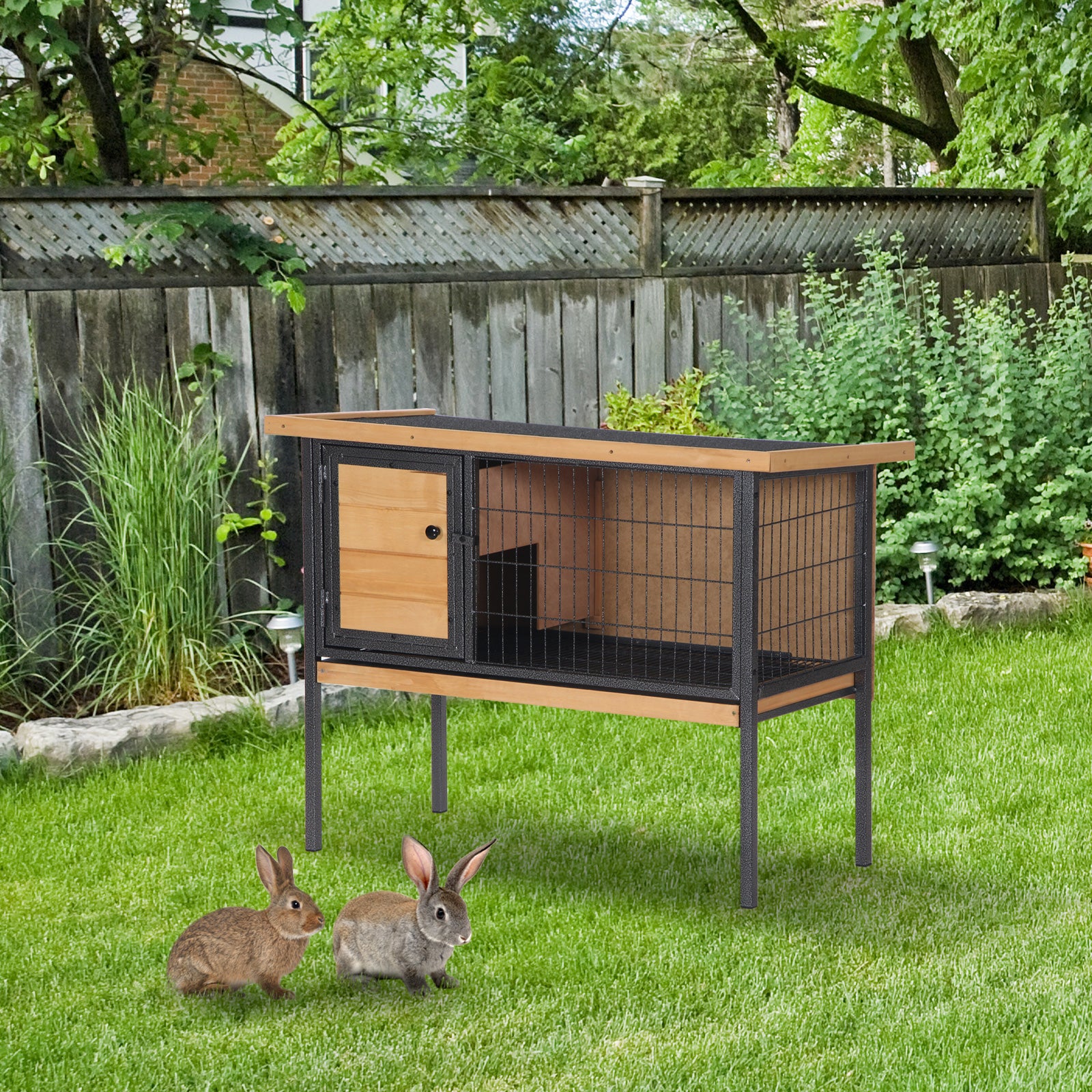 pawhut-clapier-lapin-sur-lev-avec-bac-et-toit-ouvrant-tanche-jaune image 4