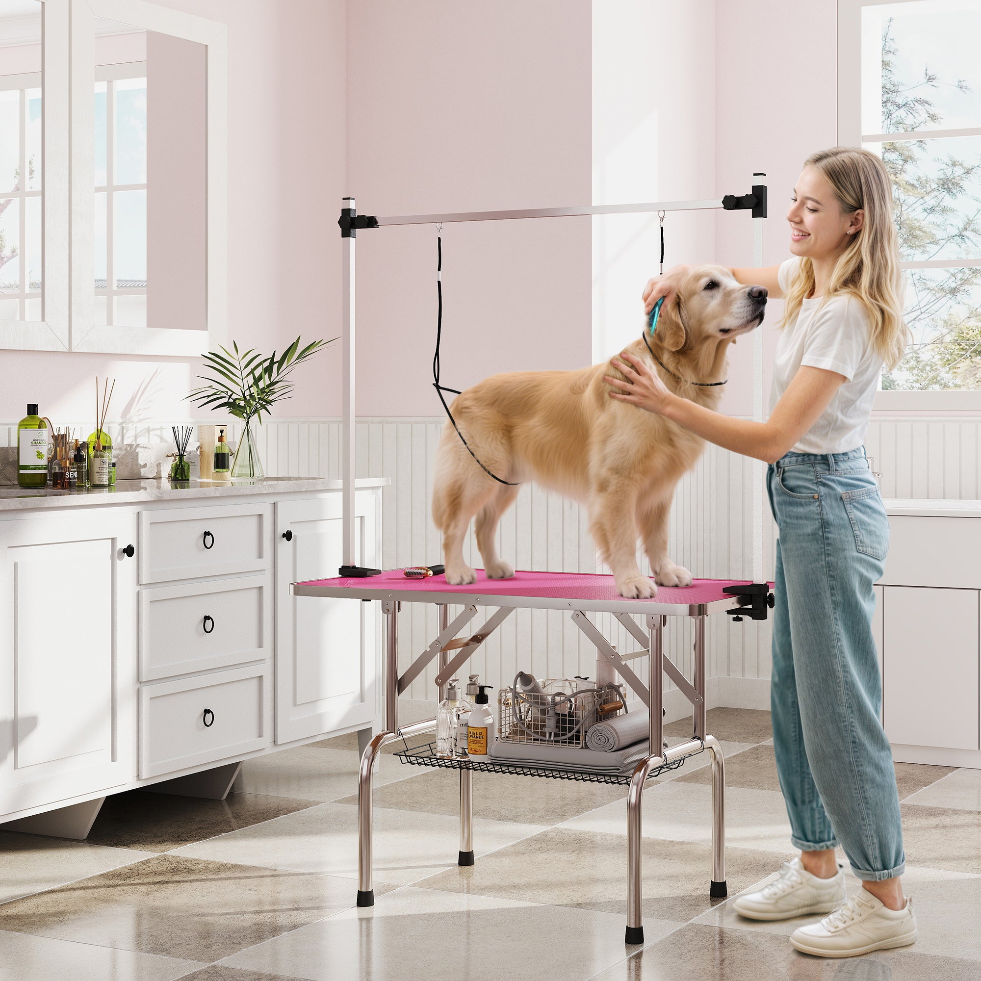 pawhut-table-de-toilettage-pliable-rose-107-x-60-x-164-cm-plateau-antid-rapant-j image 4