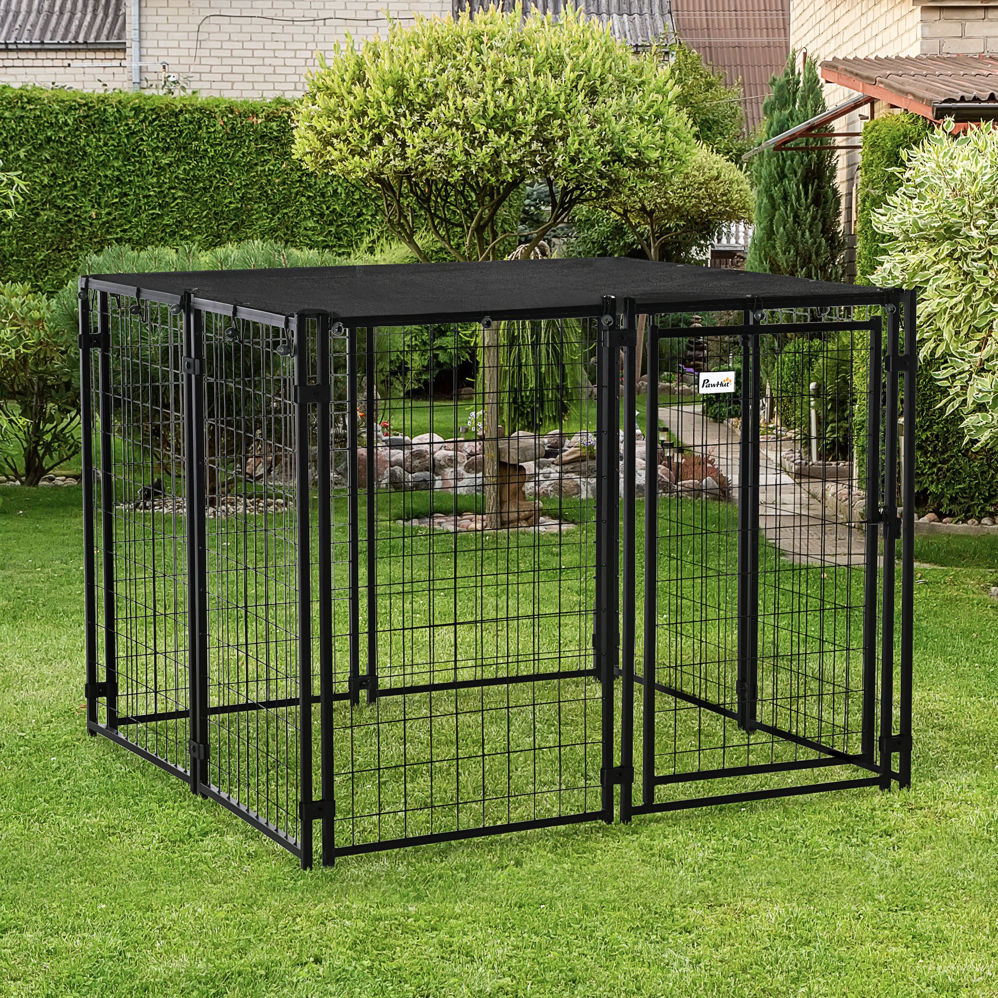 pawhut-enclos-chenil-chien-ext-rieur-avec-b-che-et-porte-verrouillable-noir image 4