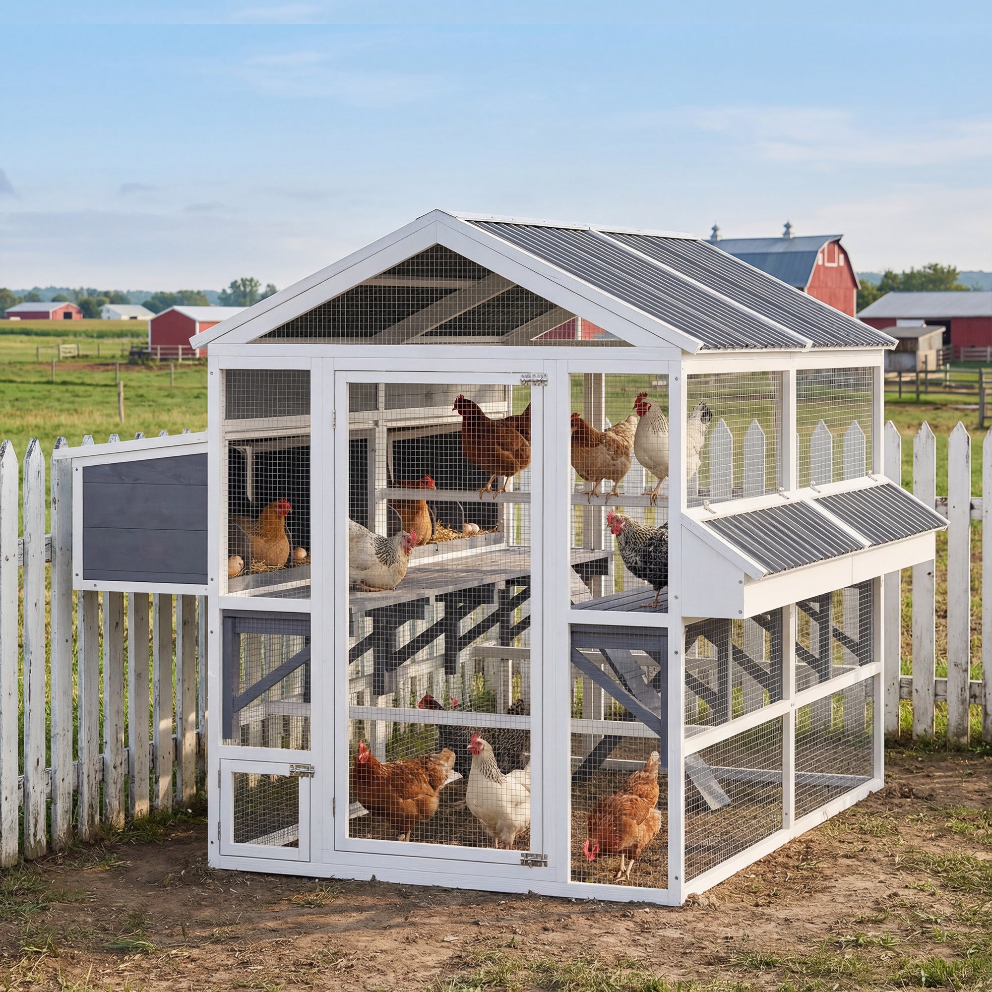 pawhut-grand-enclos-poules-avec-2-pondoirs-et-mangeoires-et-toit-tanche-gris image 3