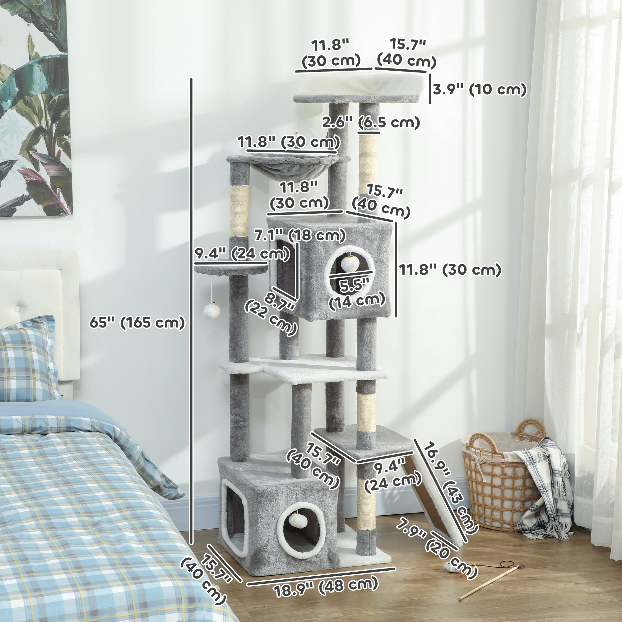 pawhut-arbre-chat-gris-165-cm-avec-2-niches-hamac-rampe-et-perchoir image 5
