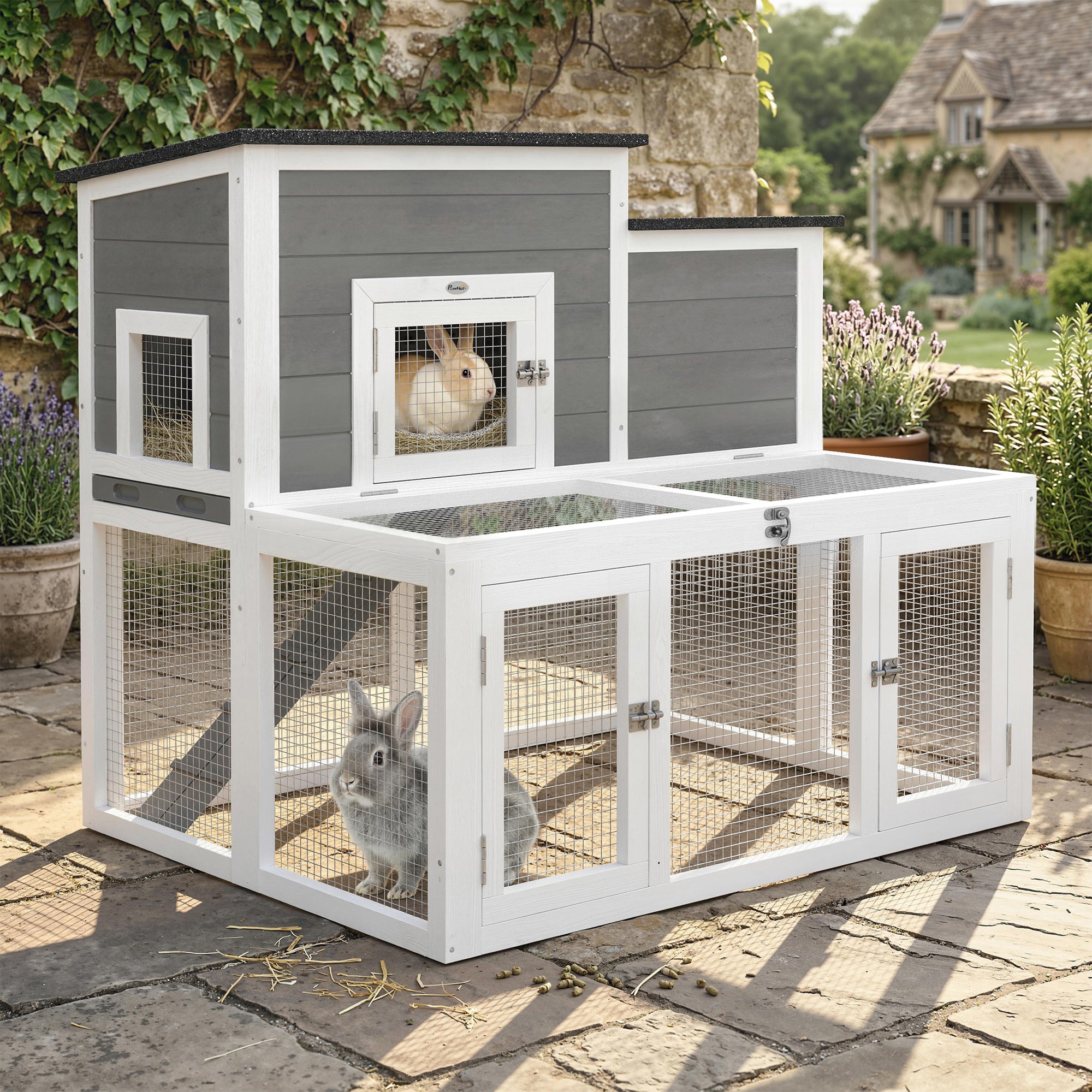 pawhut-clapier-lapin-bois-97x75-5x90-cm-gris-2-tages image 4