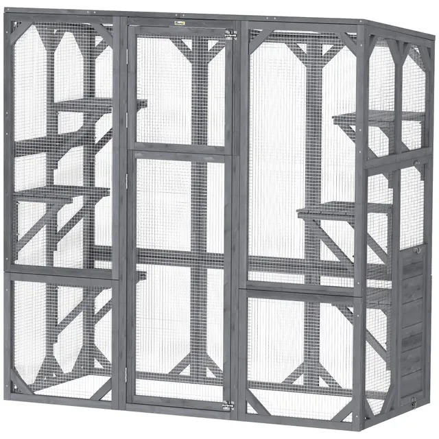 pawhut-catio-ext-rieur-grand-enclos-avec-6-plateformes-et-toit-imperm-able-gris image 1