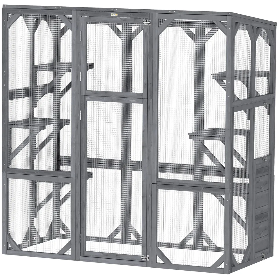 pawhut-catio-ext-rieur-grand-enclos-avec-6-plateformes-et-toit-imperm-able-gris image 1