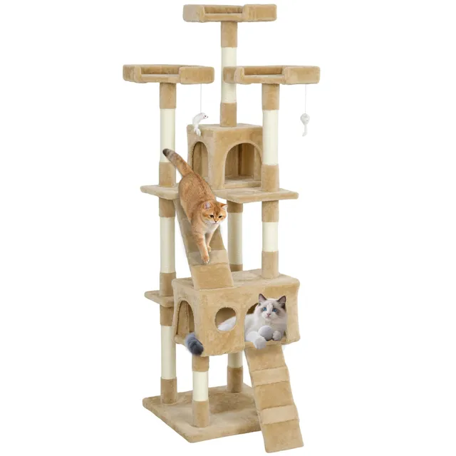 pawhut-arbre-chat-68-avec-2-niches-perchoirs-et-griffoirs-marron-clair image 1