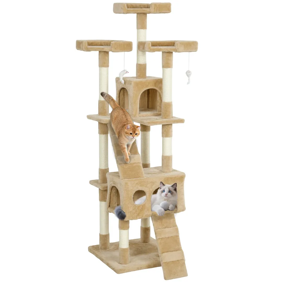 pawhut-arbre-chat-68-avec-2-niches-perchoirs-et-griffoirs-marron-clair image 1