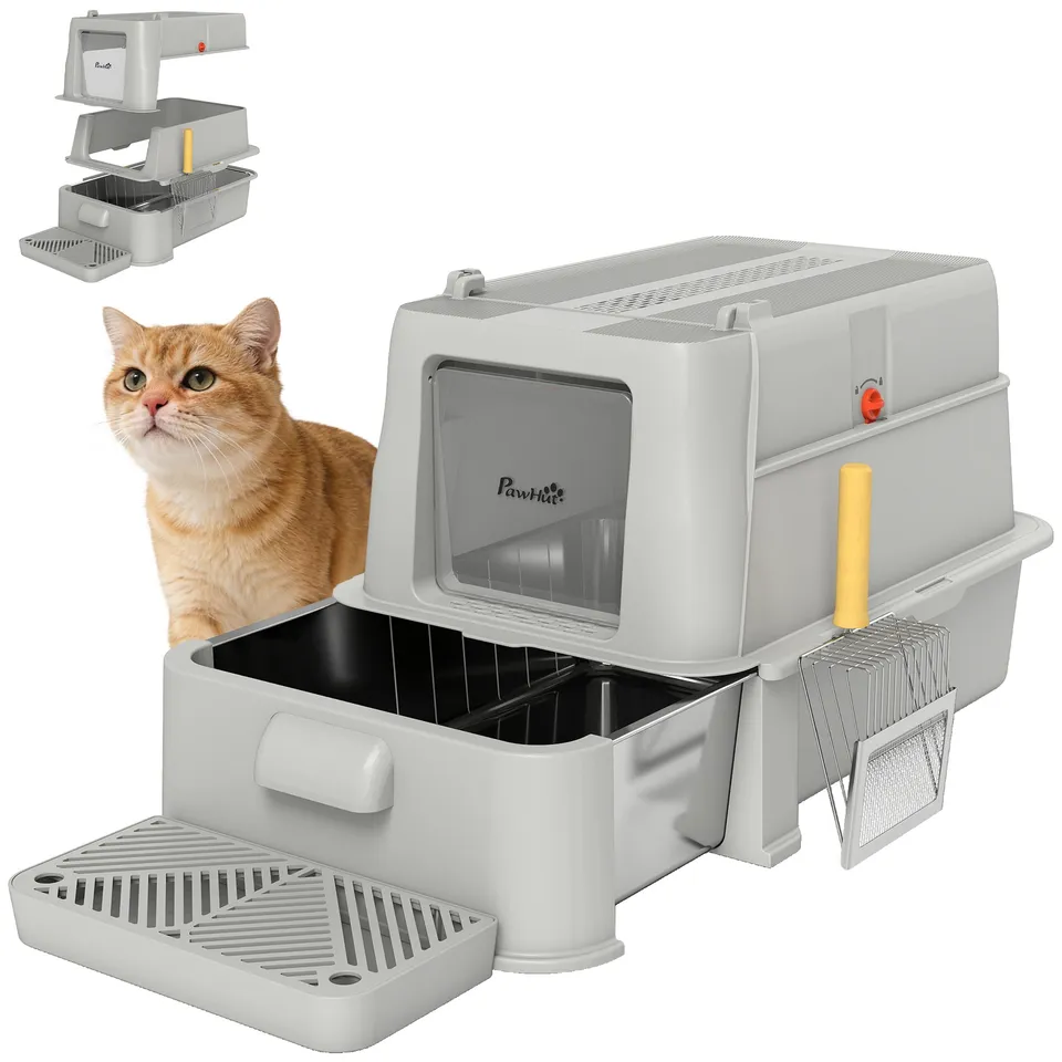 pawhut-bac-liti-re-xl-inox-avec-couvercle-et-tiroir-coulissant-gris-clair image 1
