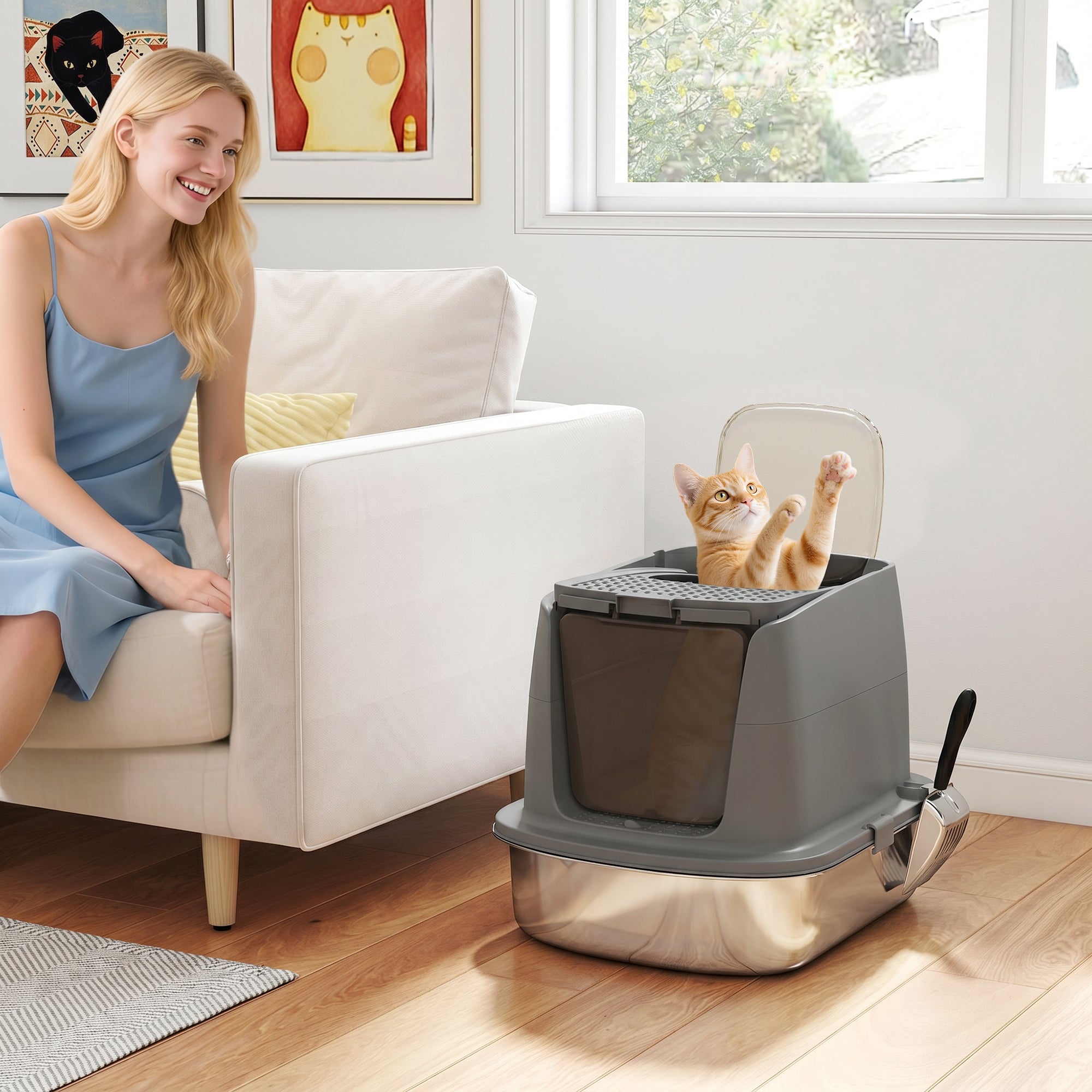 pawhut-bac-liti-re-chat-inox-avec-capot-et-abattant-rabattable-gris-fonc image 4