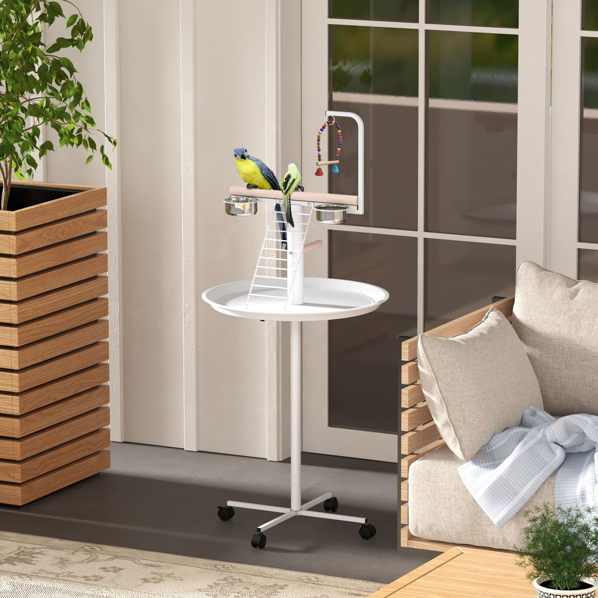 pawhut-perchoir-perroquet-sur-roulettes-avec-perches-et-mangeoires-inox-blanc image 5