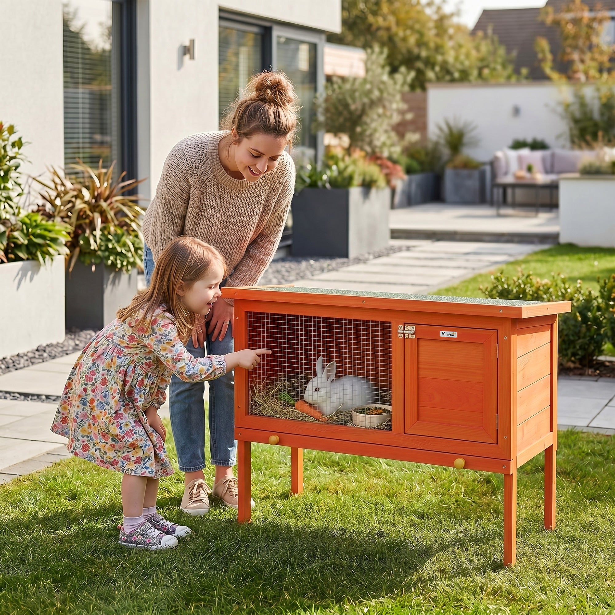 pawhut-cage-en-bois-pour-lapin-avec-toit-ouvrant-et-tiroir-orange image 3
