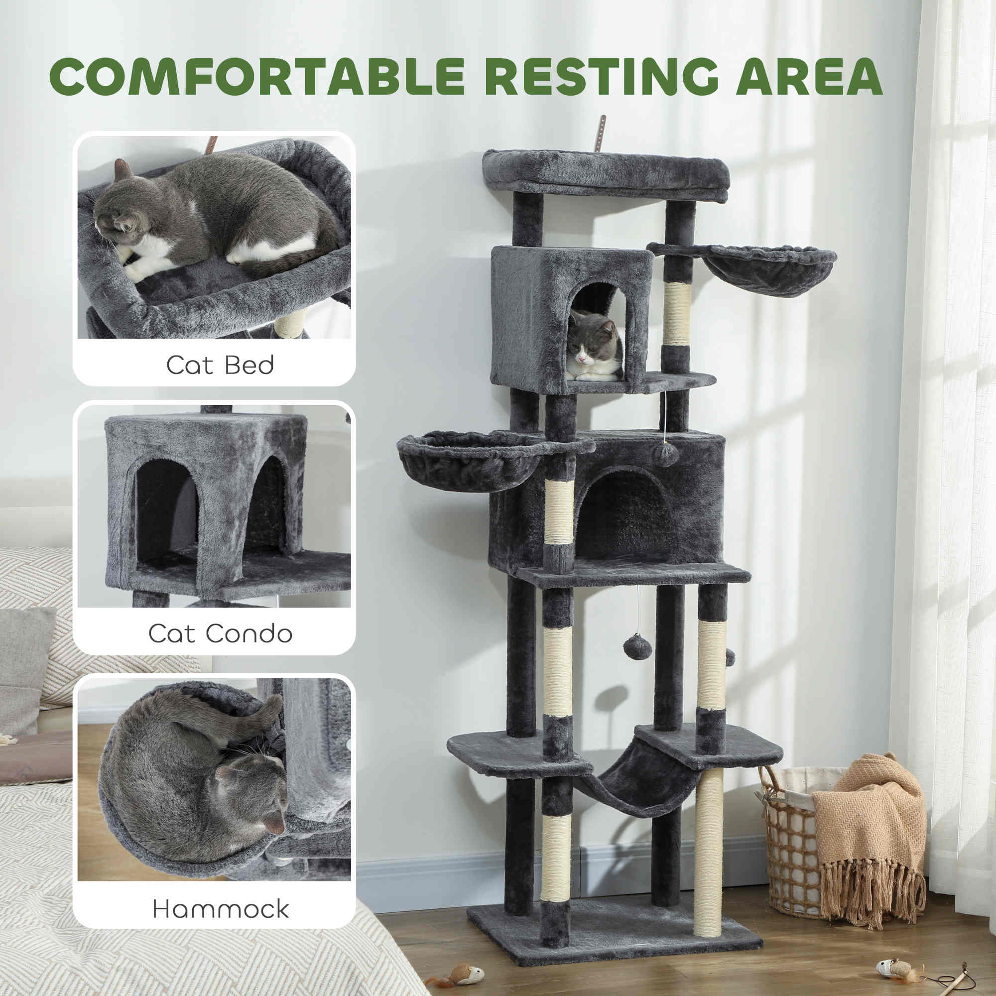 pawhut-arbre-chat-175-cm-type-tour-avec-2-niches-3-hamacs-et-perchoirs-gris-fonc image 7
