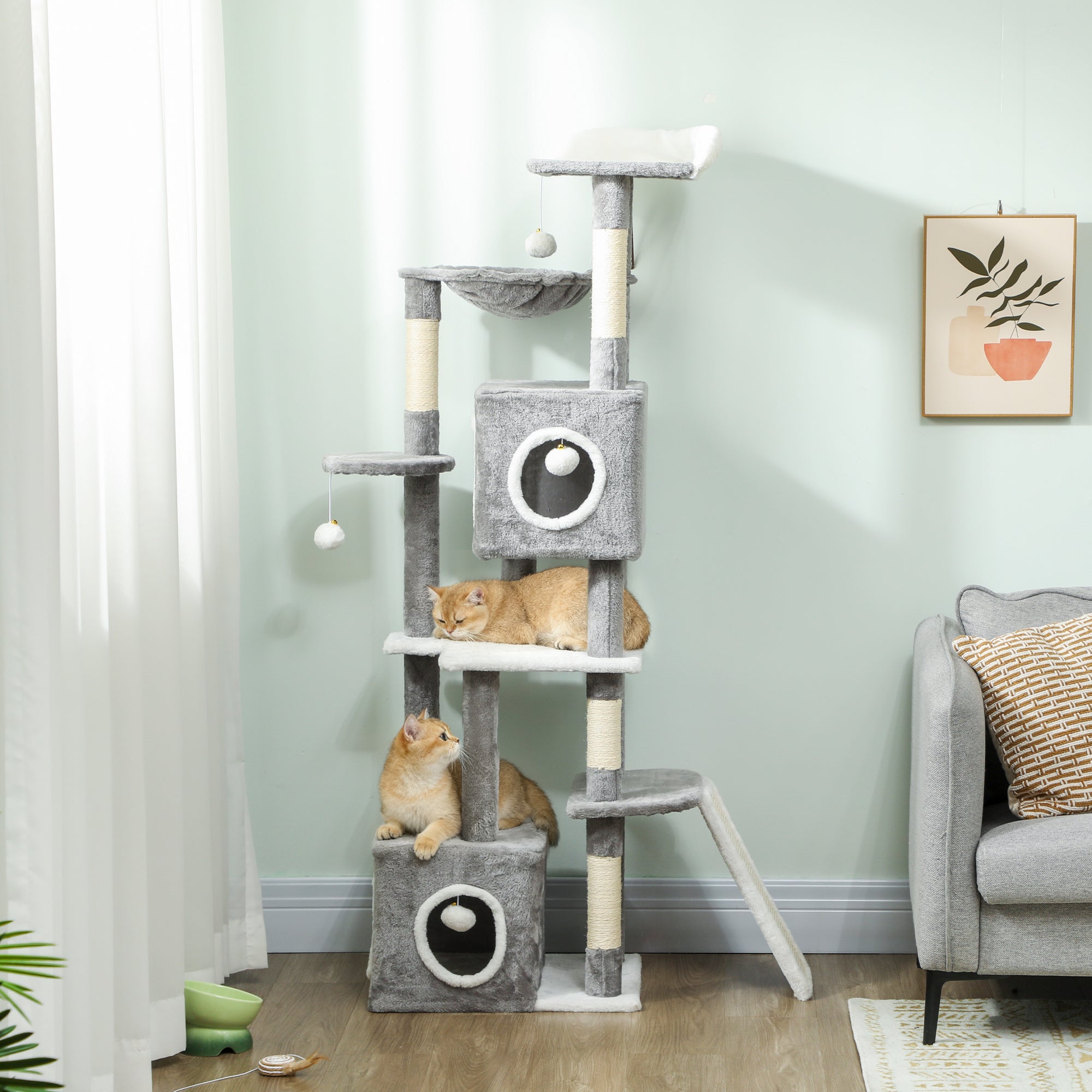 pawhut-arbre-chat-gris-165-cm-avec-2-niches-hamac-rampe-et-perchoir image 4