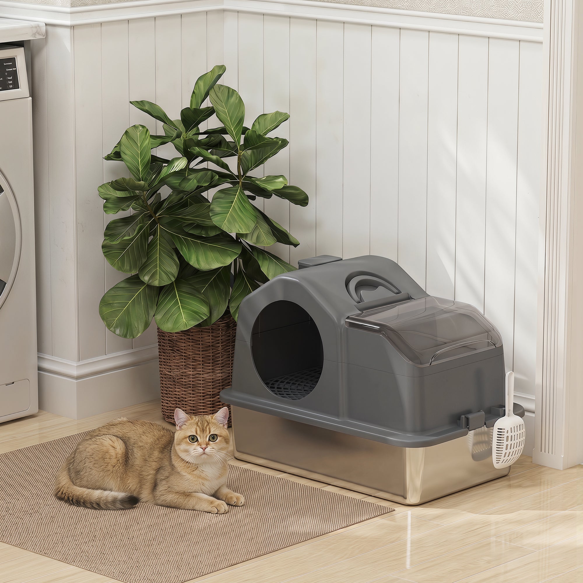 pawhut-bac-liti-re-chat-xxl-ferm-inox-avec-couvercle-gris-fonc image 4