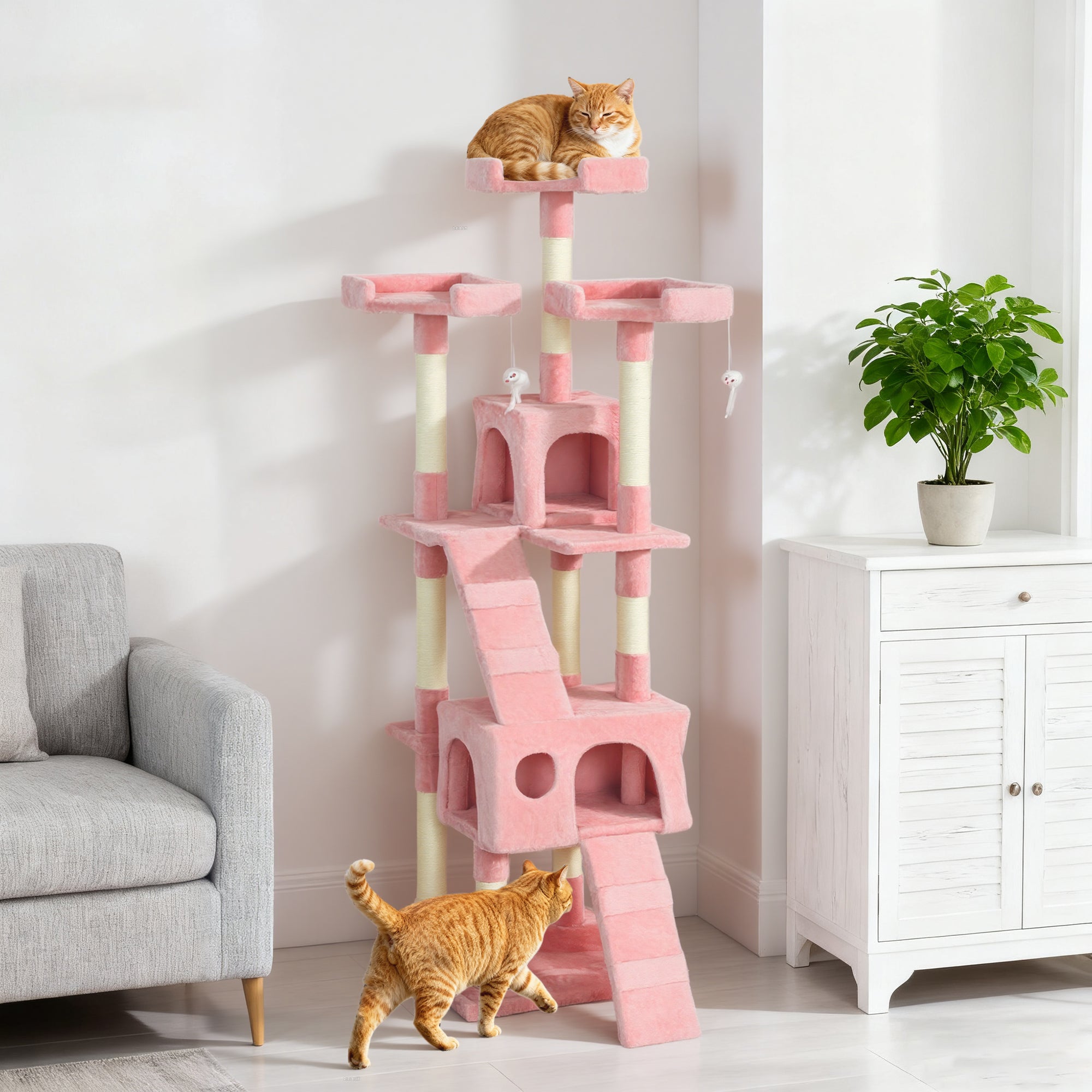 pawhut-arbre-chat-rose-173-cm-multi-niveaux-avec-niche-griffoirs-et-perchoirs image 4
