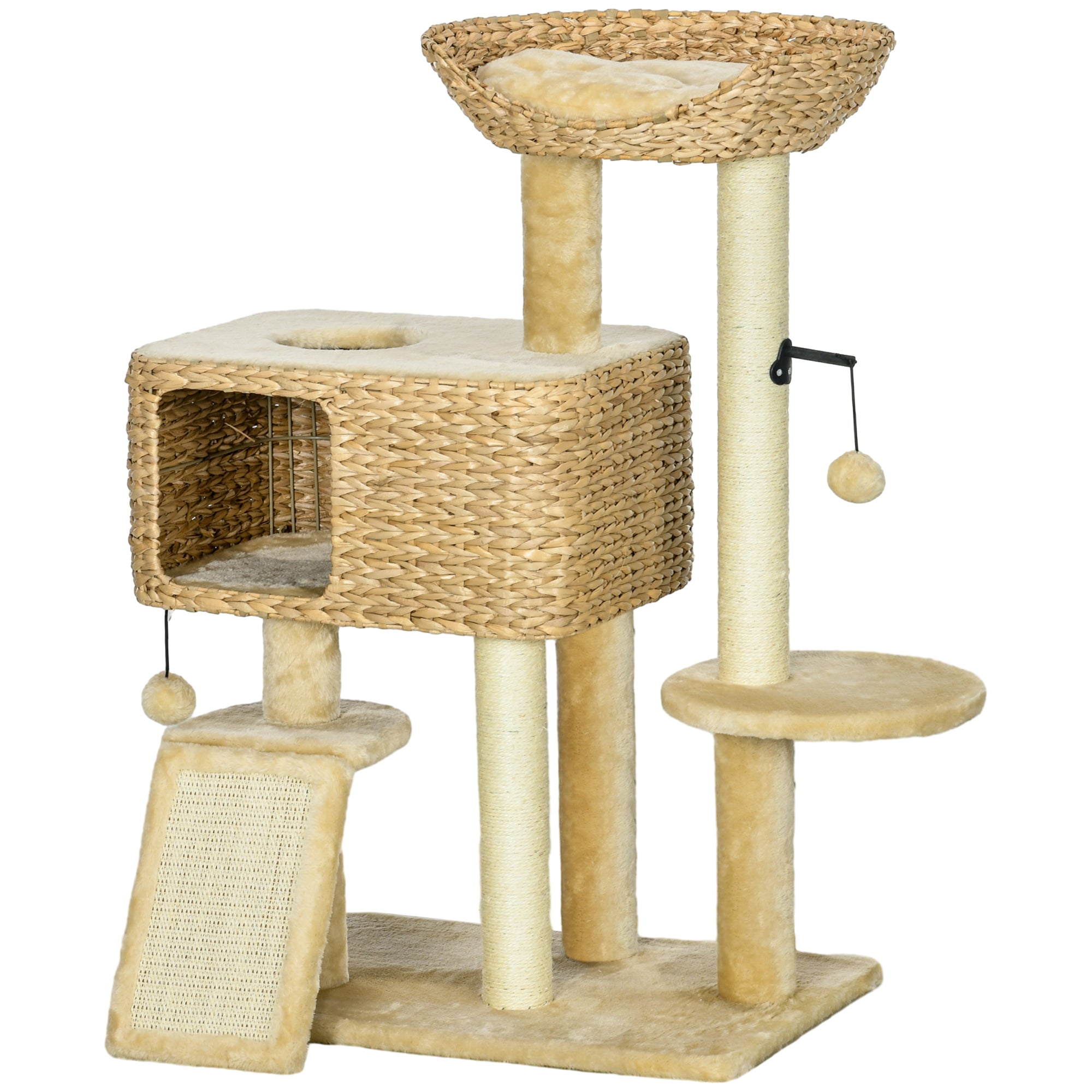 pawhut-arbre-chat-98-cm-avec-niche-lit-rampe-et-griffoirs-beige image 2