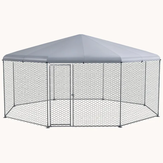 pawhut-enclos-poulailler-octogonal-m-tal-avec-b-che-imperm-able-argent image 1
