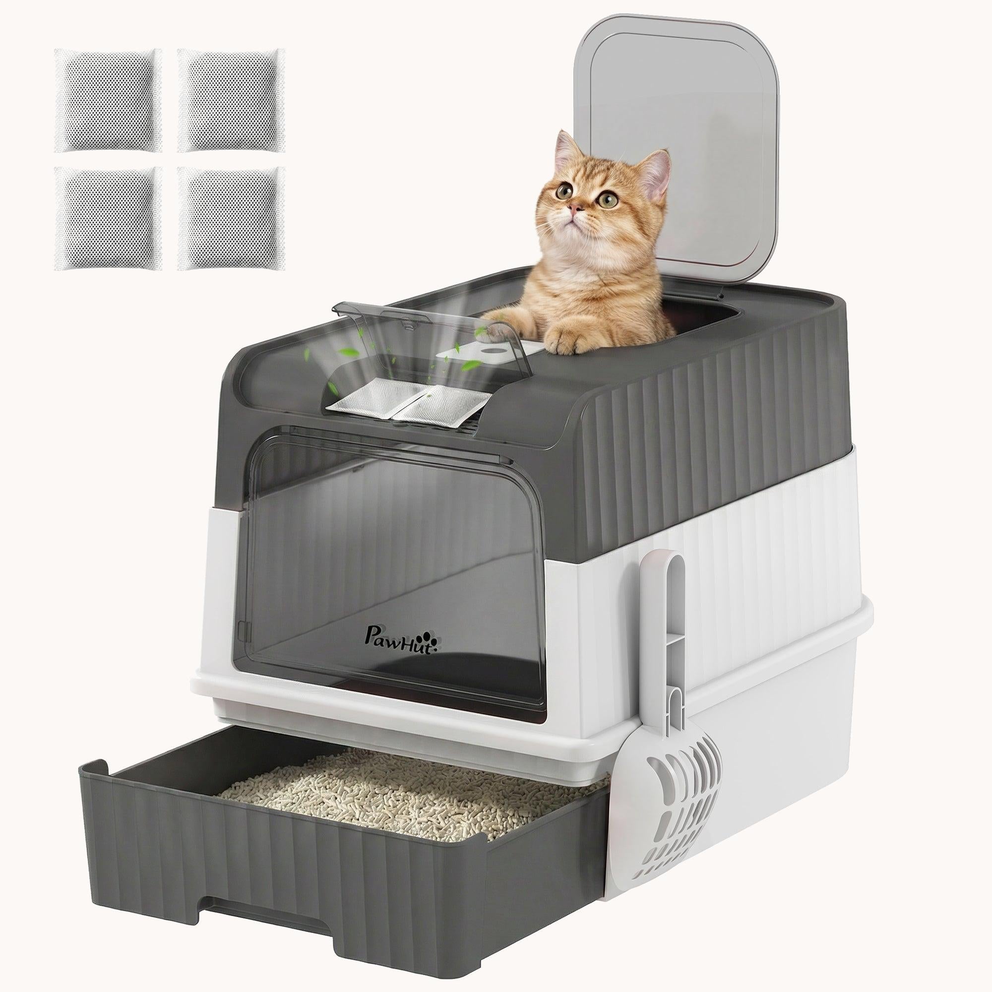 pawhut-bac-liti-re-pour-chat-ferm-avec-tiroir-pelle-et-sortie-sup-rieure-gris image 1