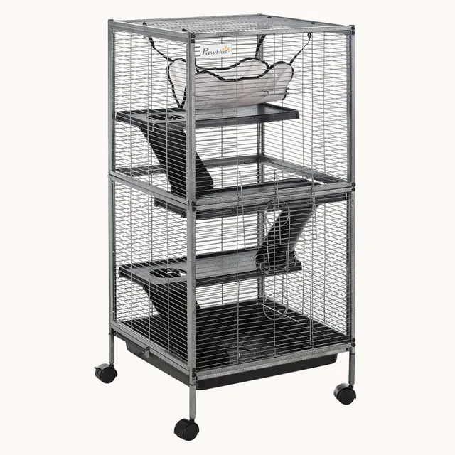 pawhut-cage-petits-animaux-4-tages-roulettes-avec-hamac-et-bac-gris image 1