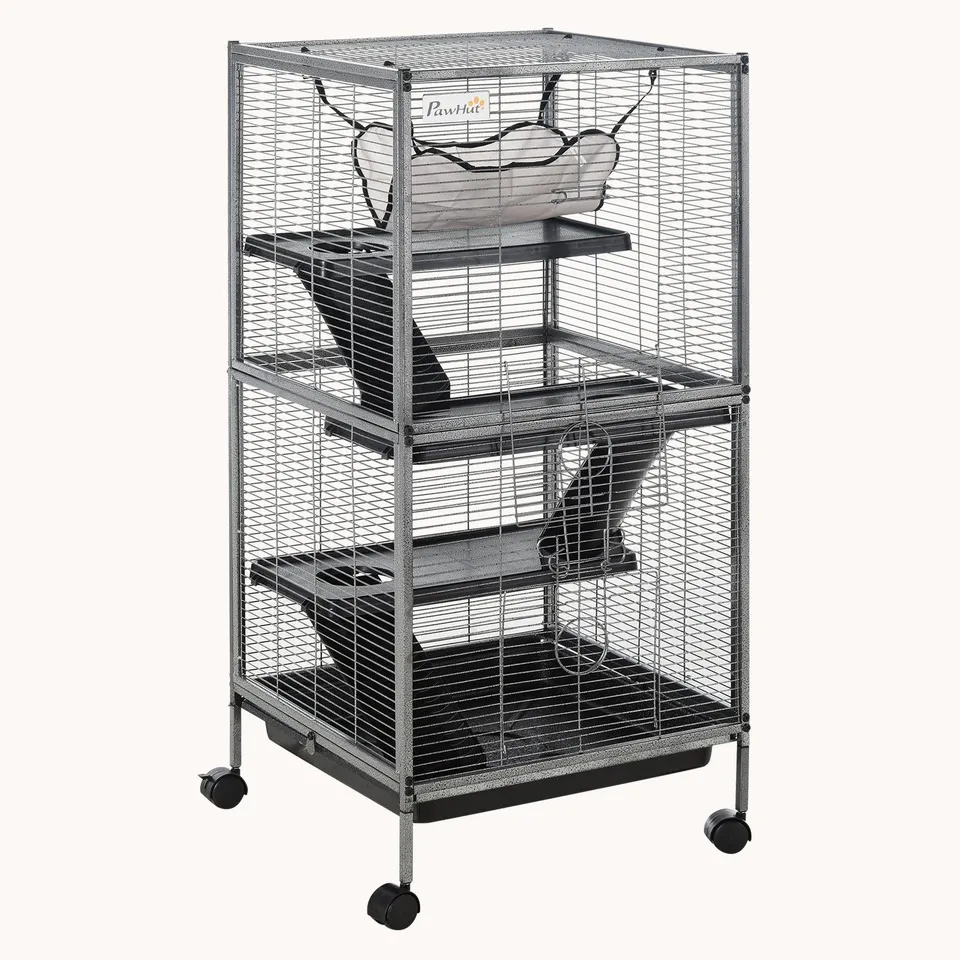 pawhut-cage-petits-animaux-4-tages-roulettes-avec-hamac-et-bac-gris image 1
