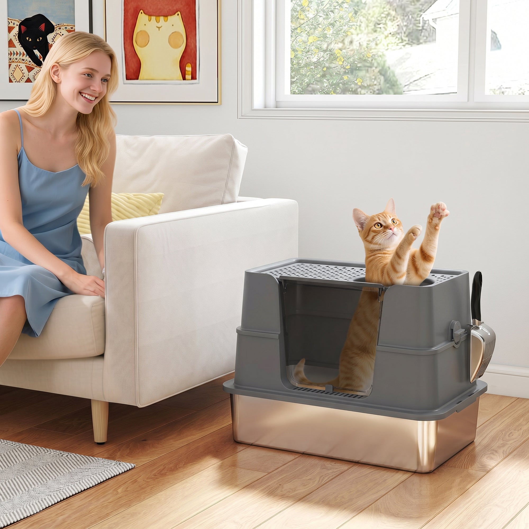 pawhut-bac-liti-re-chat-inox-xl-avec-couvercle-basculant-100-gris-fonc image 4