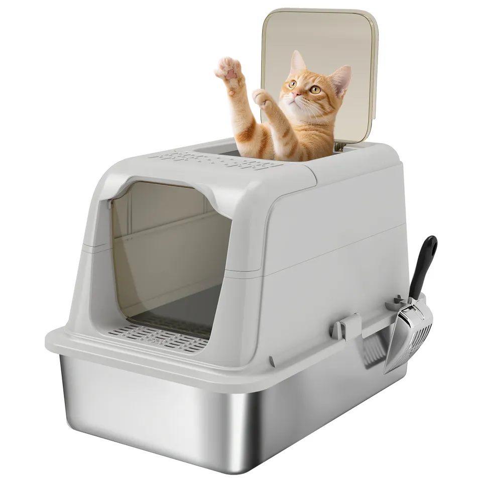 pawhut-bac-liti-re-chat-inox-xxl-ferm-double-entr-e-avant-sortie-haute image 1