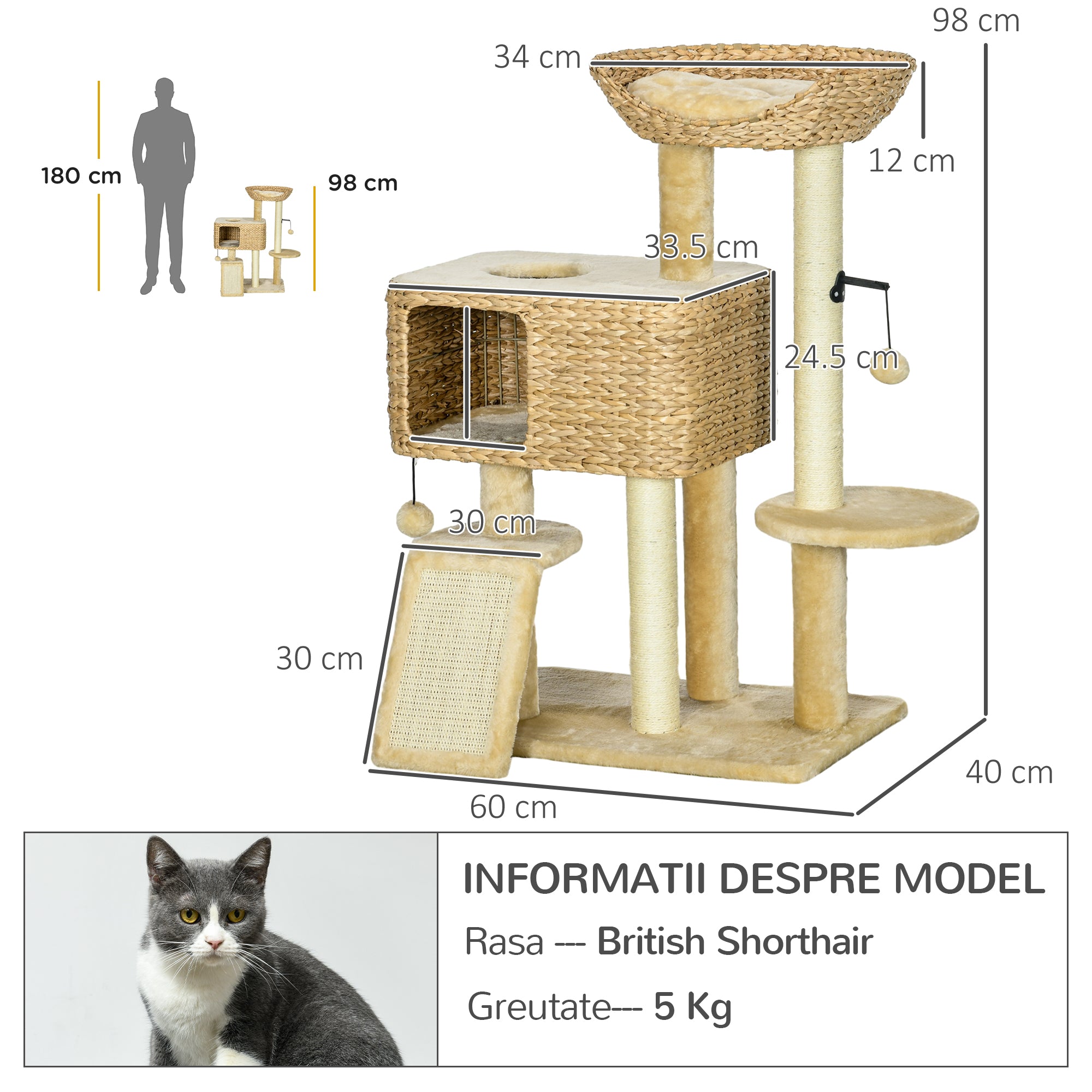 pawhut-arbre-chat-98-cm-avec-niche-lit-rampe-et-griffoirs-beige image 5