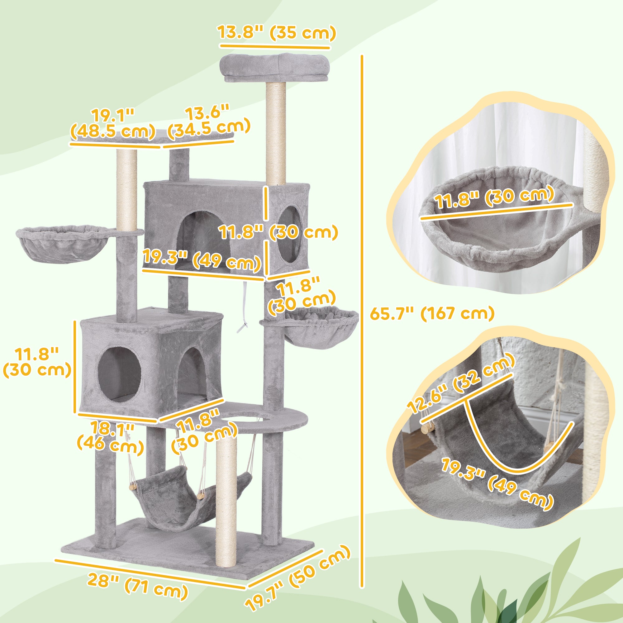 pawhut-arbre-chat-66-pouces-avec-2-niches-3-hamacs-et-perchoir-sup-rieur-gris-cl image 5