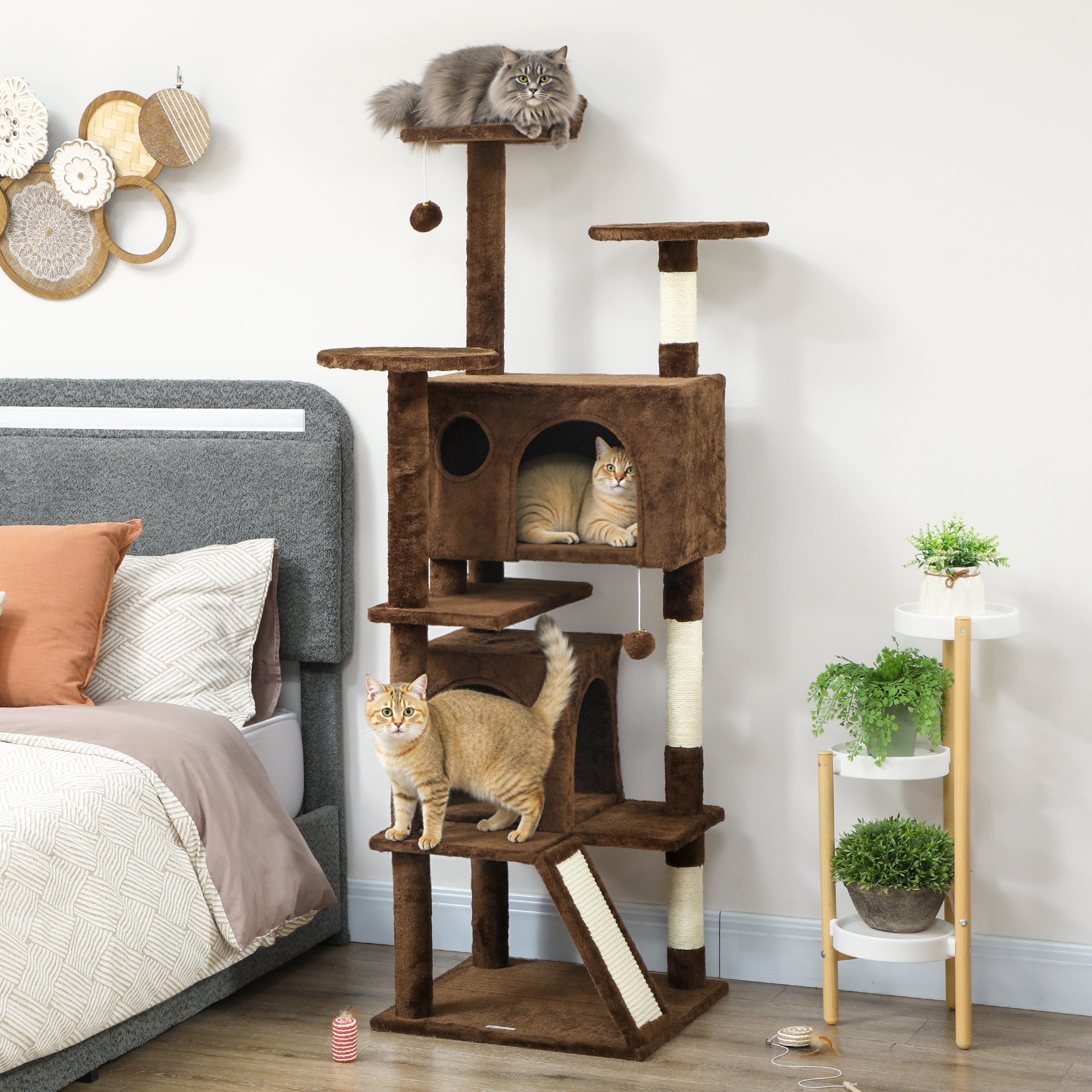 pawhut-arbre-chat-160-cm-avec-2-niches-lit-rampe-et-griffoirs-marron-clair image 4