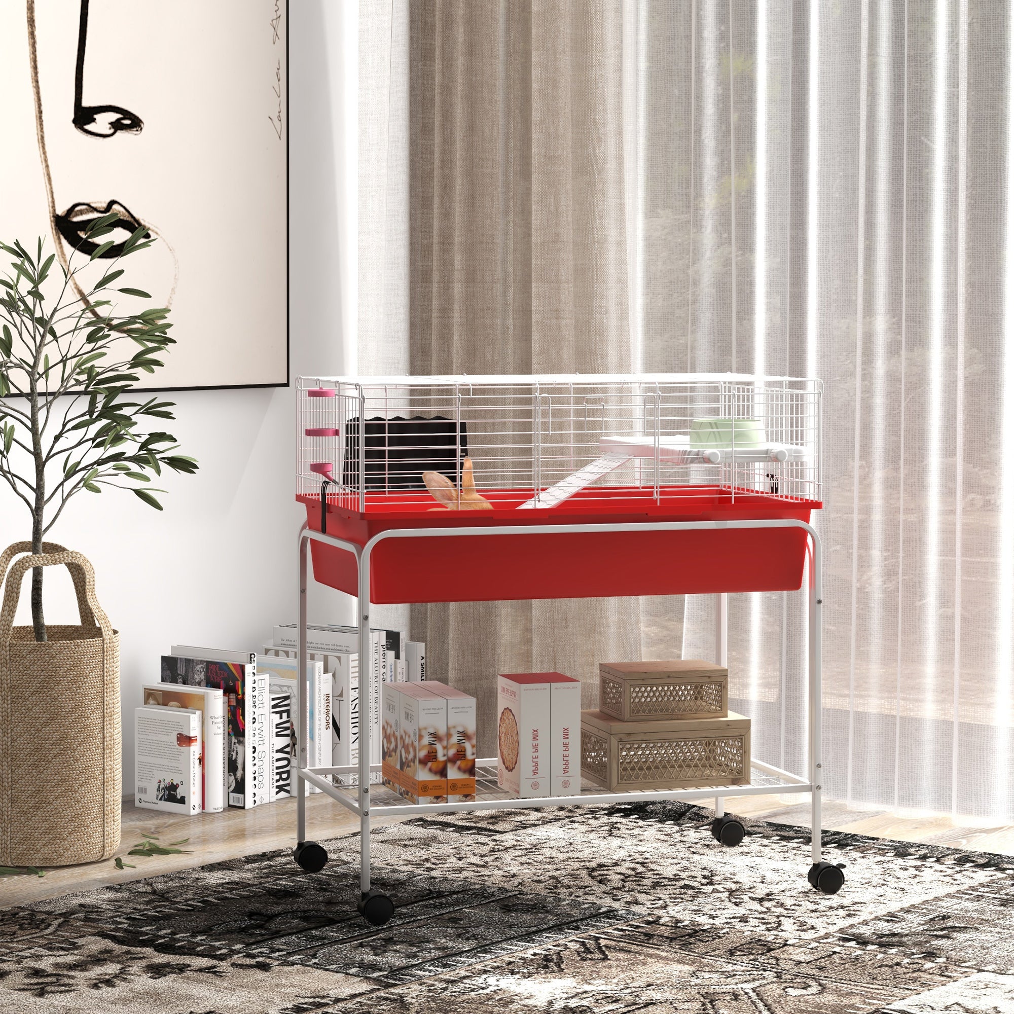 pawhut-cage-pour-animaux-2-tages-avec-support-amovible-tag-re-et-roues-89-5x47x8 image 5