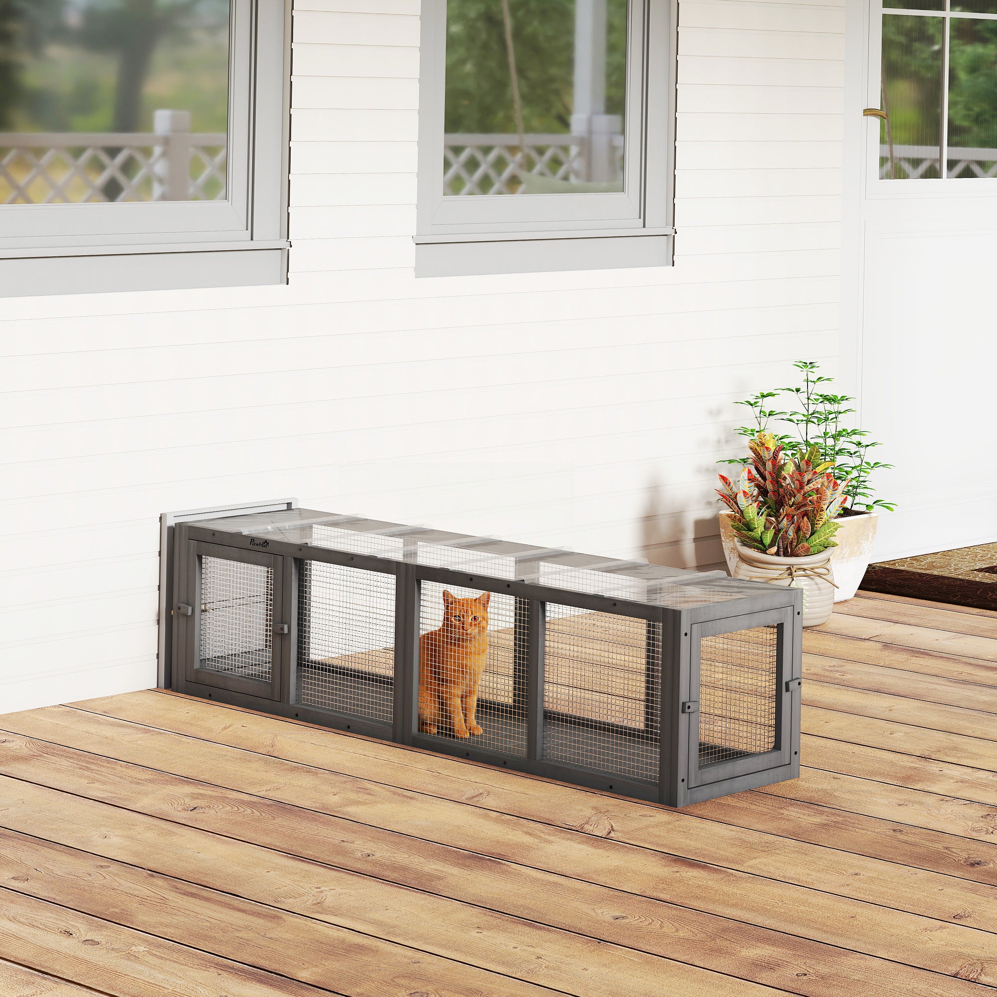 pawhut-tunnel-ext-rieur-chat-bois-modulaire-3-portes-gris image 3