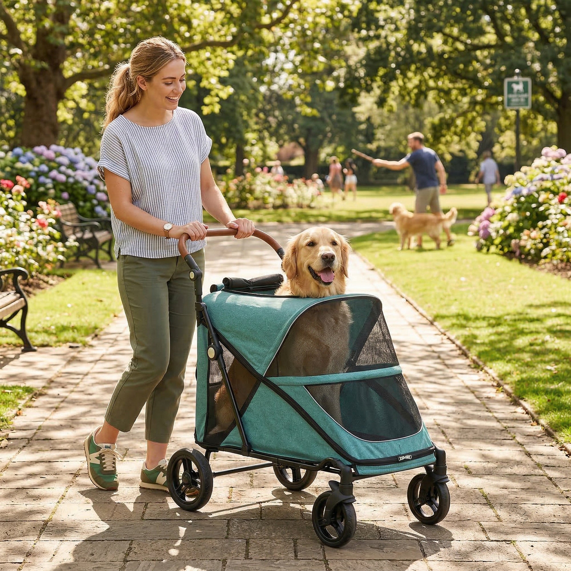pawhut-poussette-pour-grand-chien-pliage-one-click-poign-e-r-glable-bleu image 3