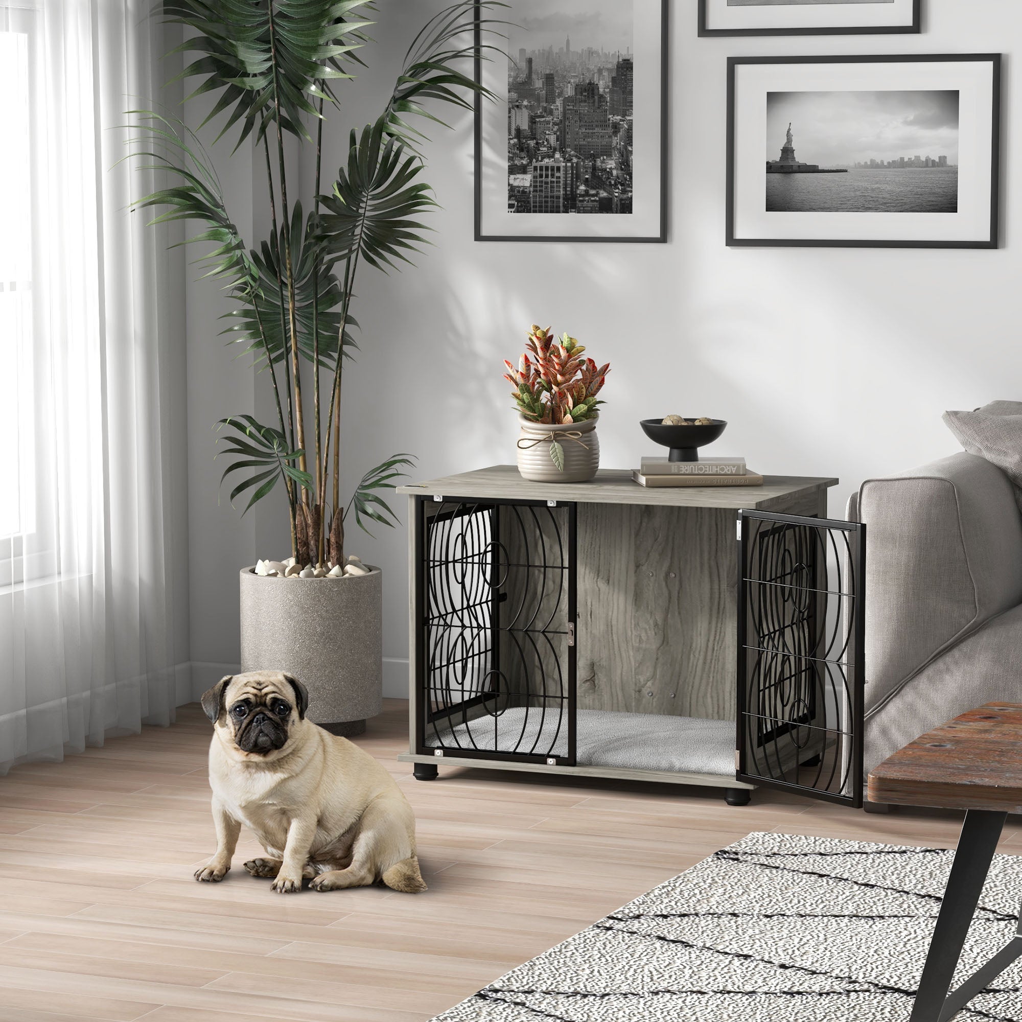 pawhut-cage-chien-table-d-appoint-80-x-56-x-63-cm-avec-coussin-gris image 3