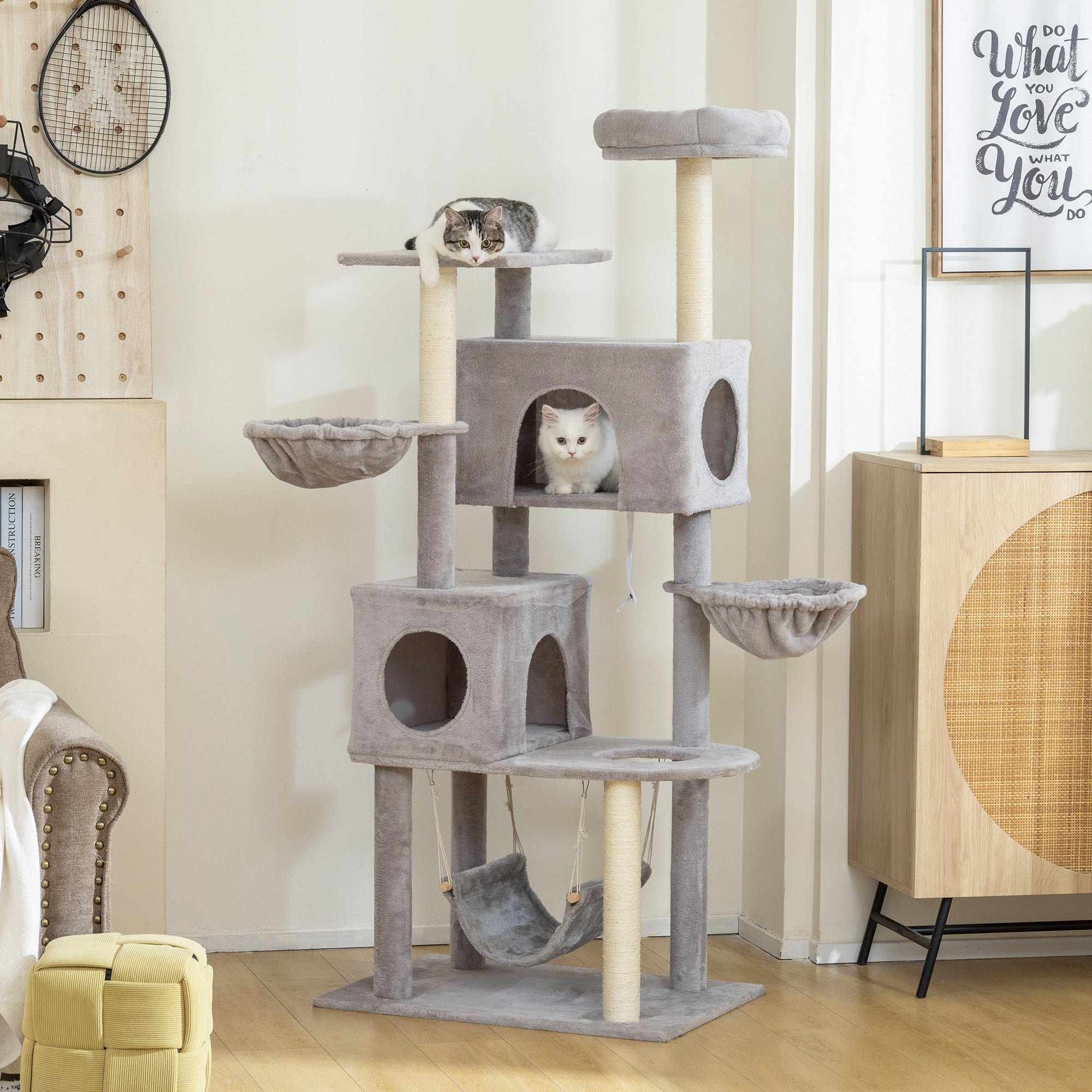 pawhut-arbre-chat-66-pouces-avec-2-niches-3-hamacs-et-perchoir-sup-rieur-gris-cl image 3