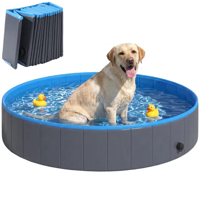 pawhut-piscine-pliable-pour-chien-160-x-30-cm-bleu-et-gris-fonc-avec-adaptateur- image 1