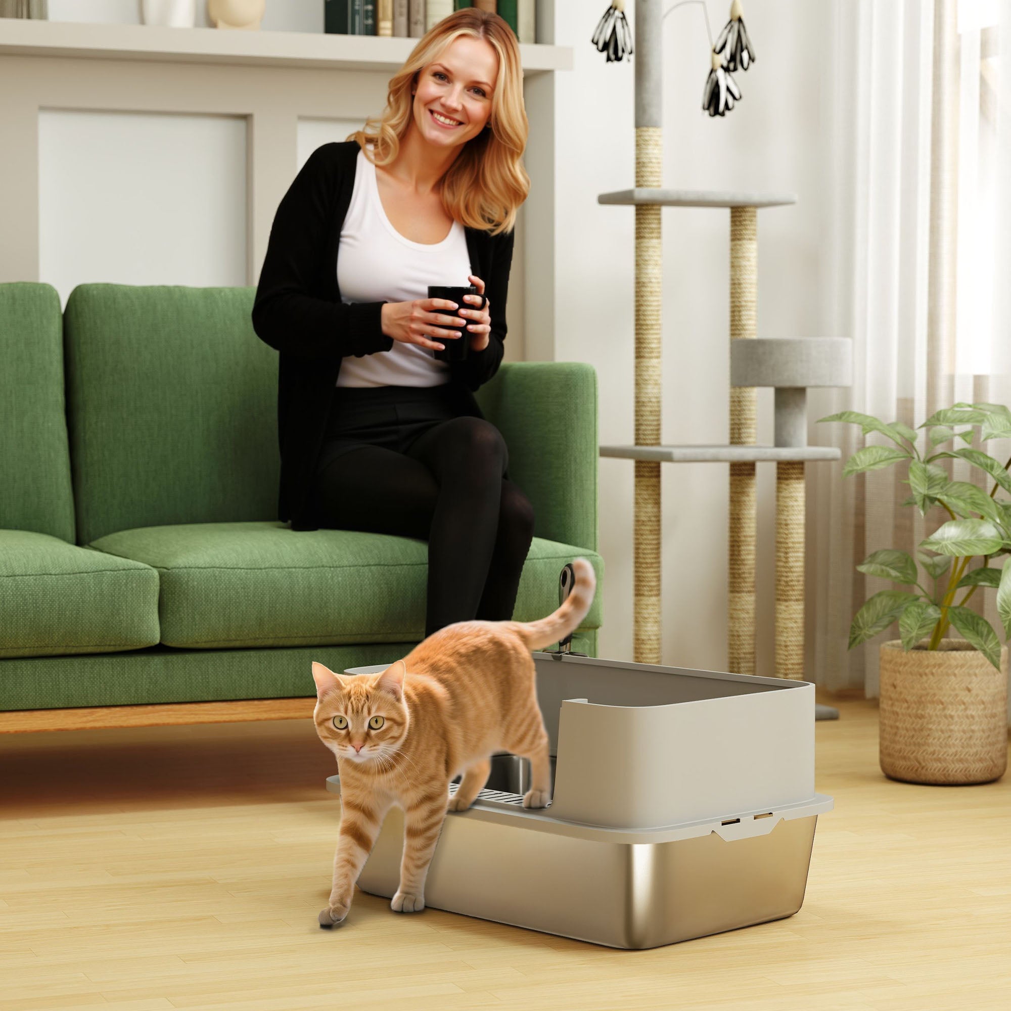 pawhut-bac-liti-re-chat-xl-en-acier-inoxydable-avec-pelle-bords-hauts-gris image 4