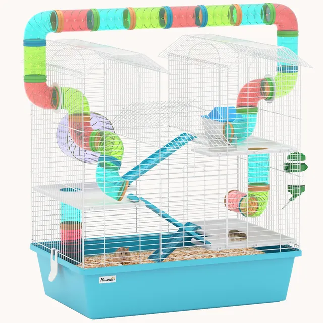 pawhut-cage-hamster-4-tages-double-tour-avec-tubes-et-roue-bleu-clair-58-x-36-x- image 1