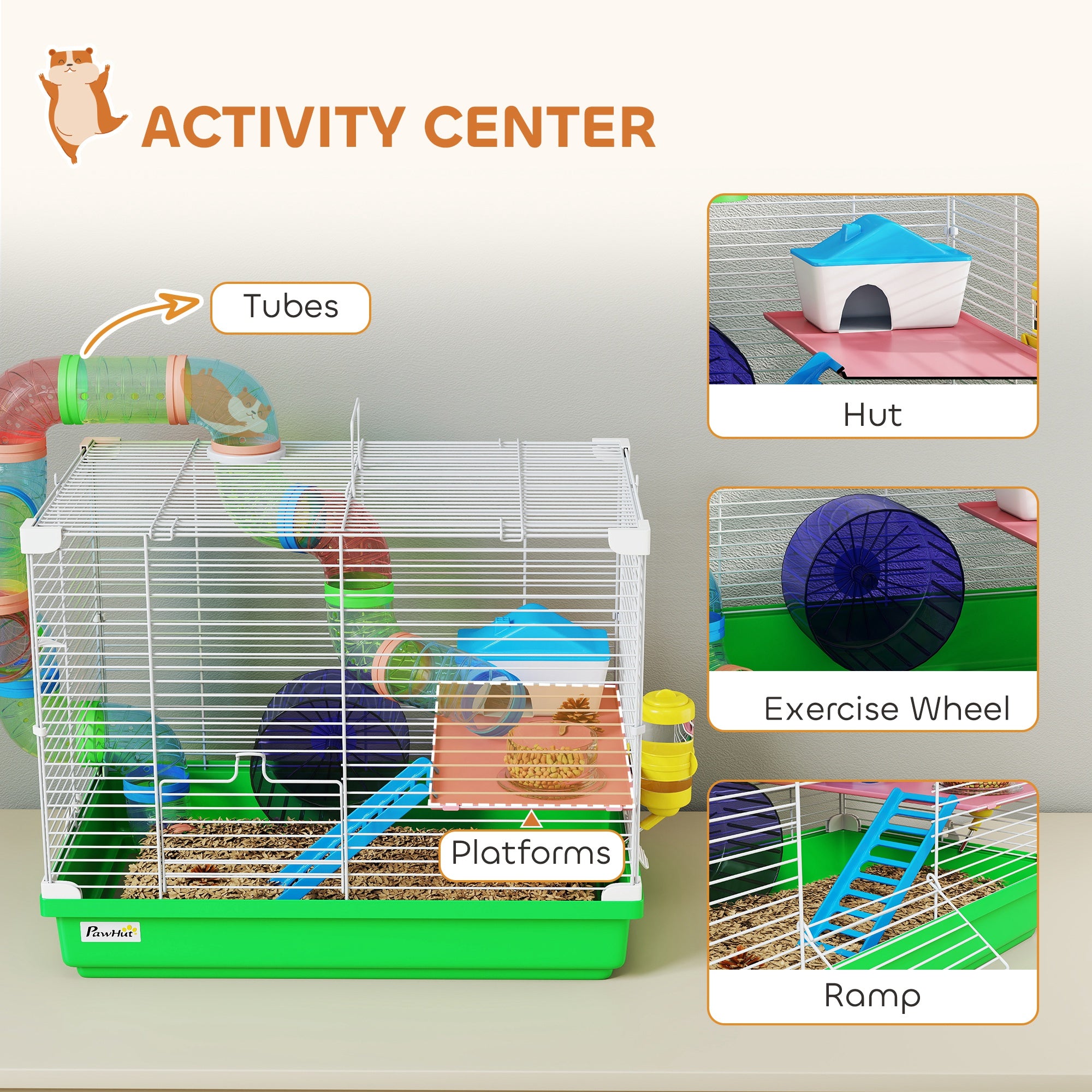 pawhut-cage-hamster-2-tages-avec-roue-tunnel-et-poign-e-verte image 6