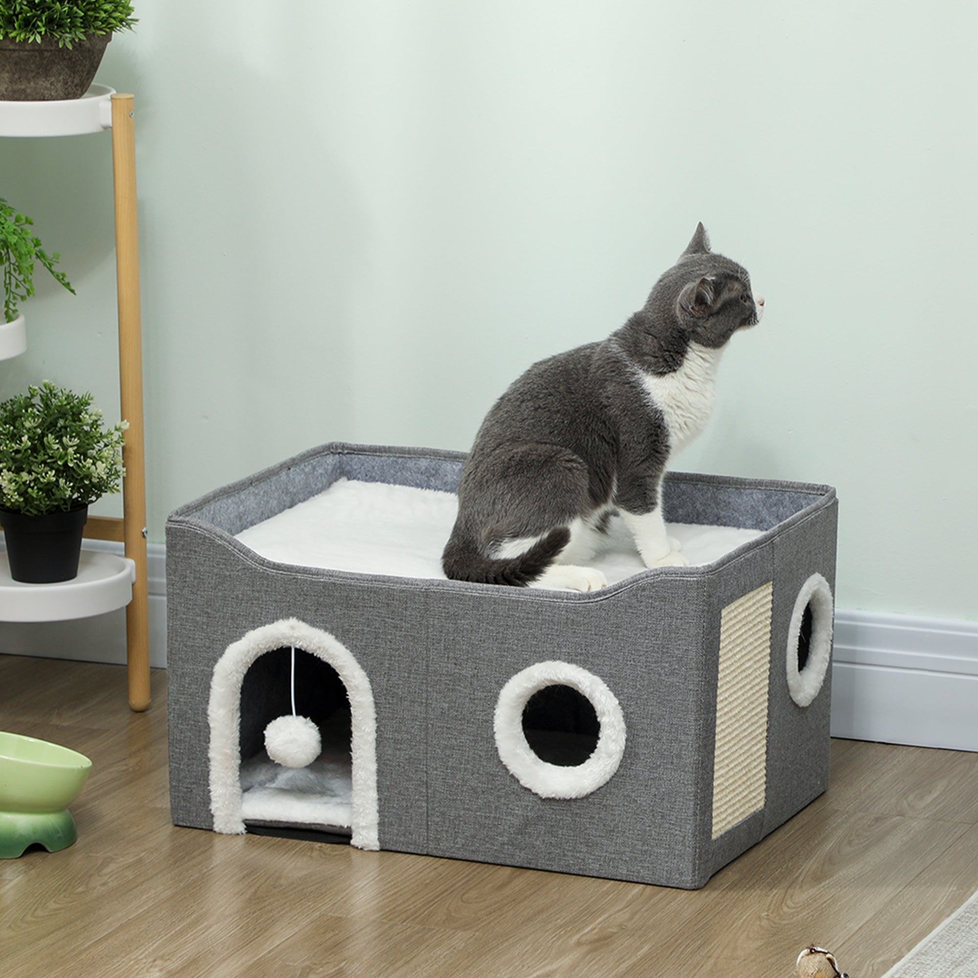 pawhut-maison-pour-chat-pliable-avec-griffoir-coussin-et-balle image 3