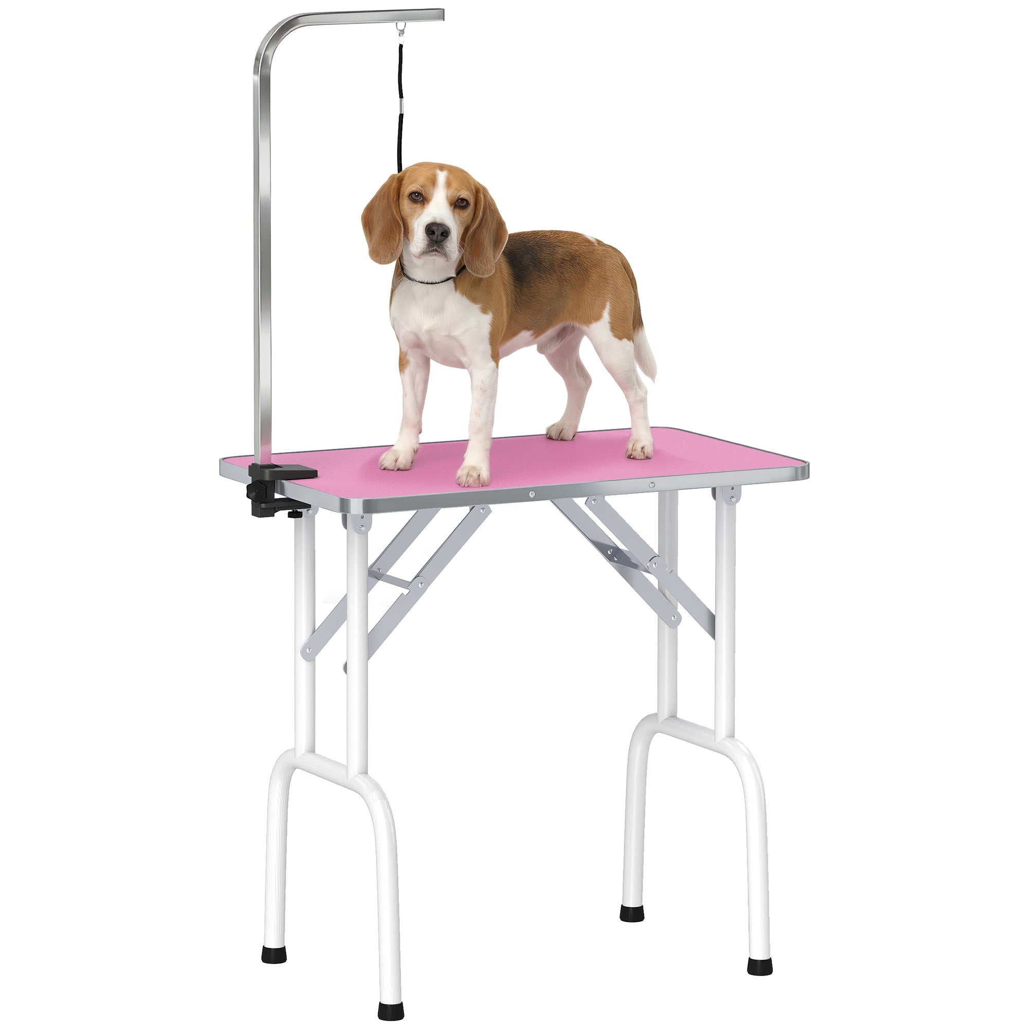 pawhut-table-de-toilettage-pliable-81-cm-rose-avec-bras-r-glable-et-dessus-antid image 1