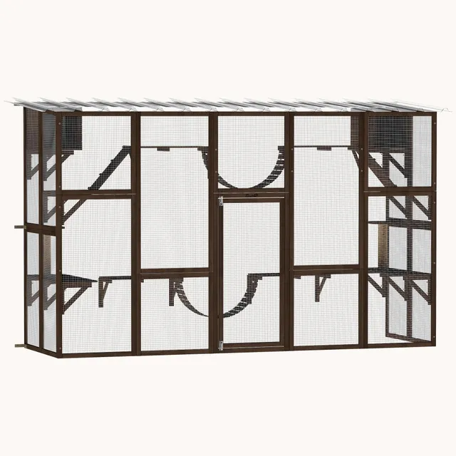 pawhut-catio-ext-rieur-bois-avec-toit-6-plateformes-marron-caf image 1