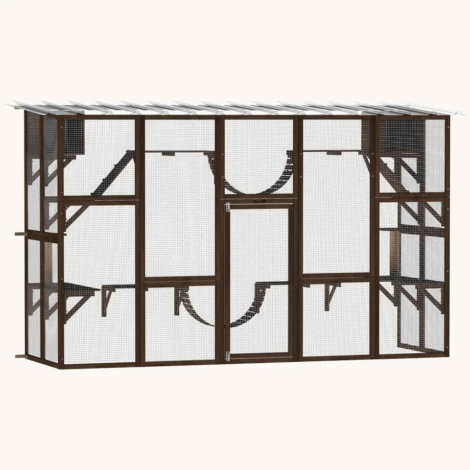 pawhut-catio-ext-rieur-bois-avec-toit-6-plateformes-marron-caf image 1