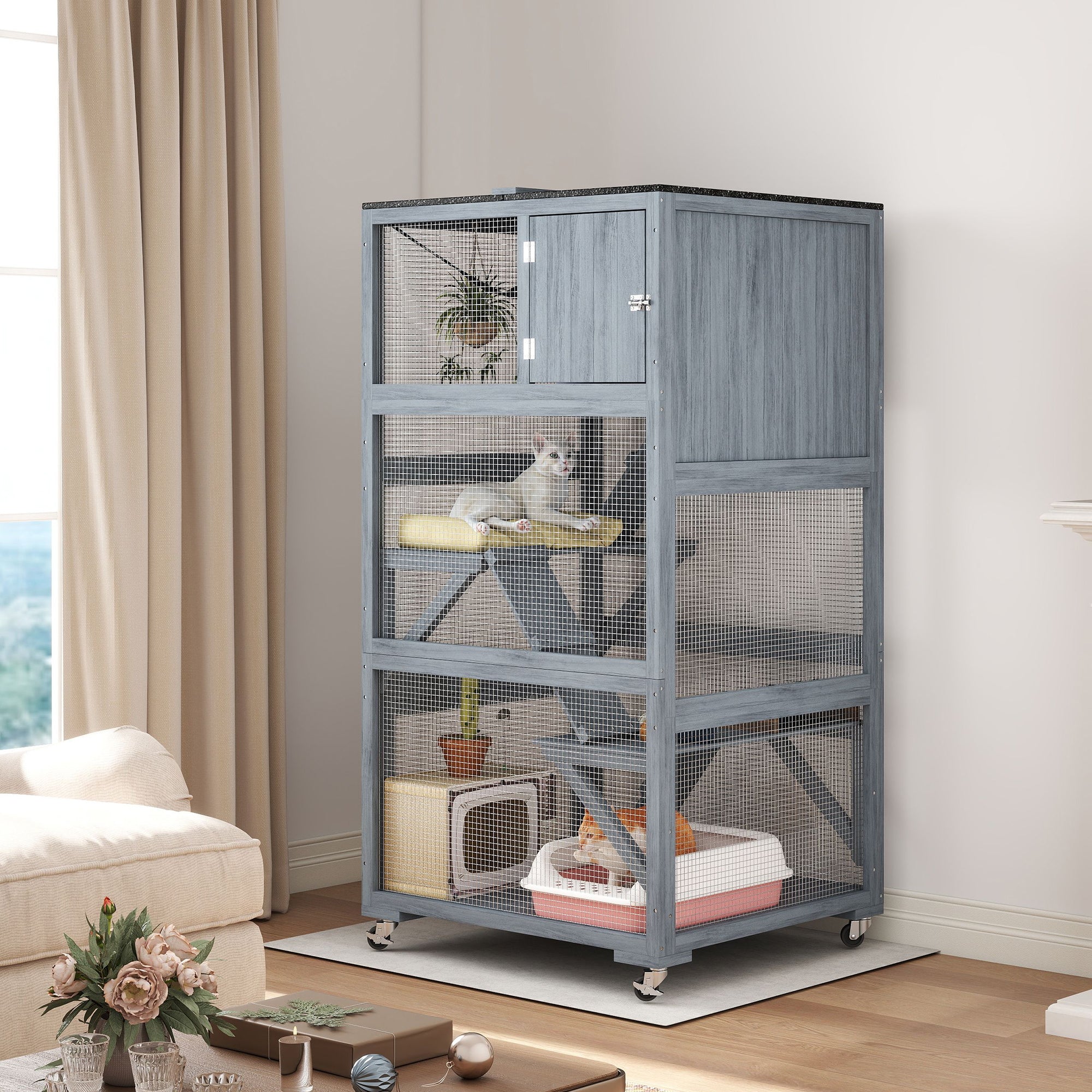 pawhut-catio-ext-rieur-66-pouces-sur-roues-avec-hamac-et-plateformes-gris image 4