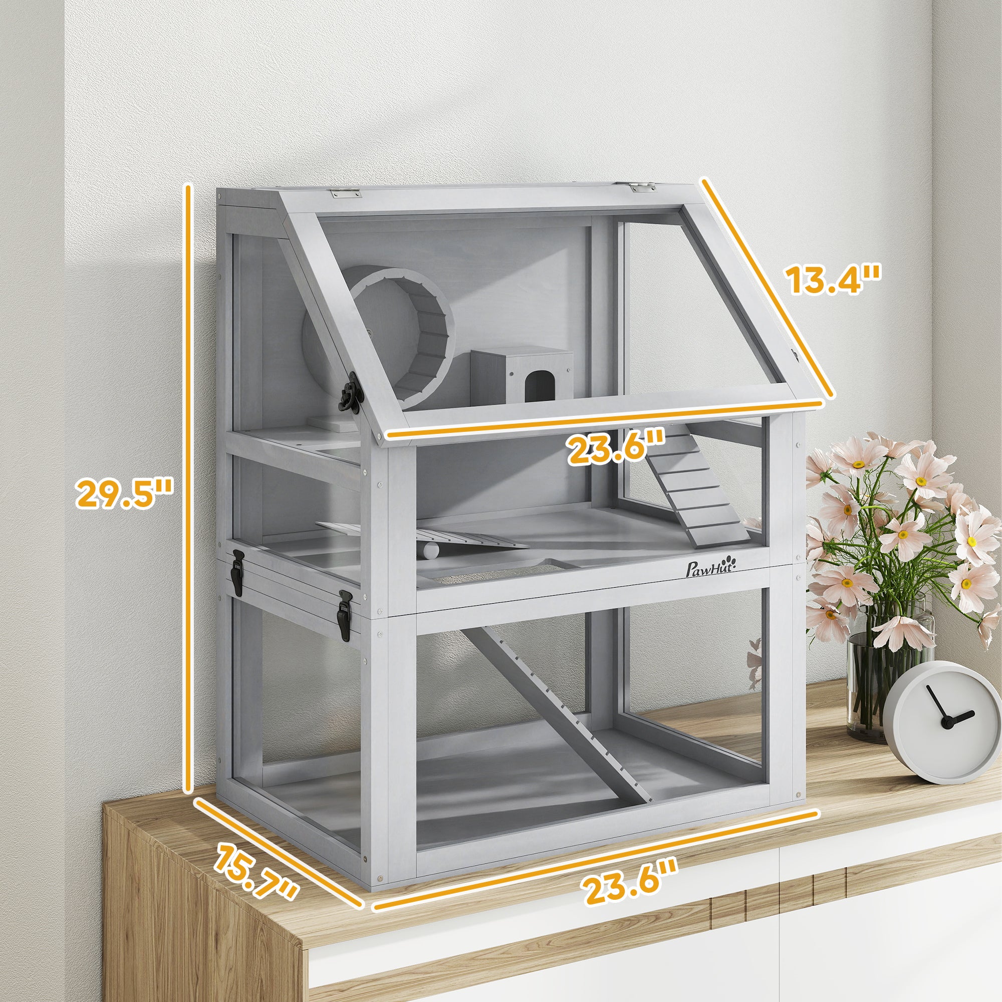 pawhut-cage-hamster-bois-3-niveaux-avec-roue-et-rampes-24x16x29-5-pouces image 5