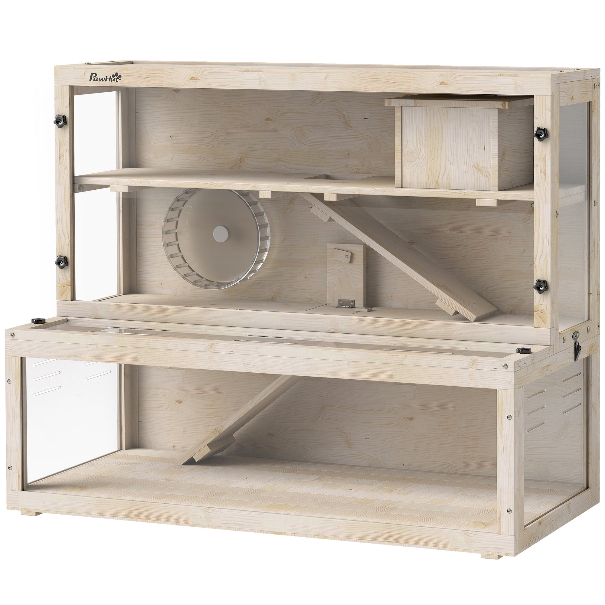 pawhut-cage-hamster-bois-100-x-50-x-84-cm-3-tages-avec-roue-et-rampes image 2