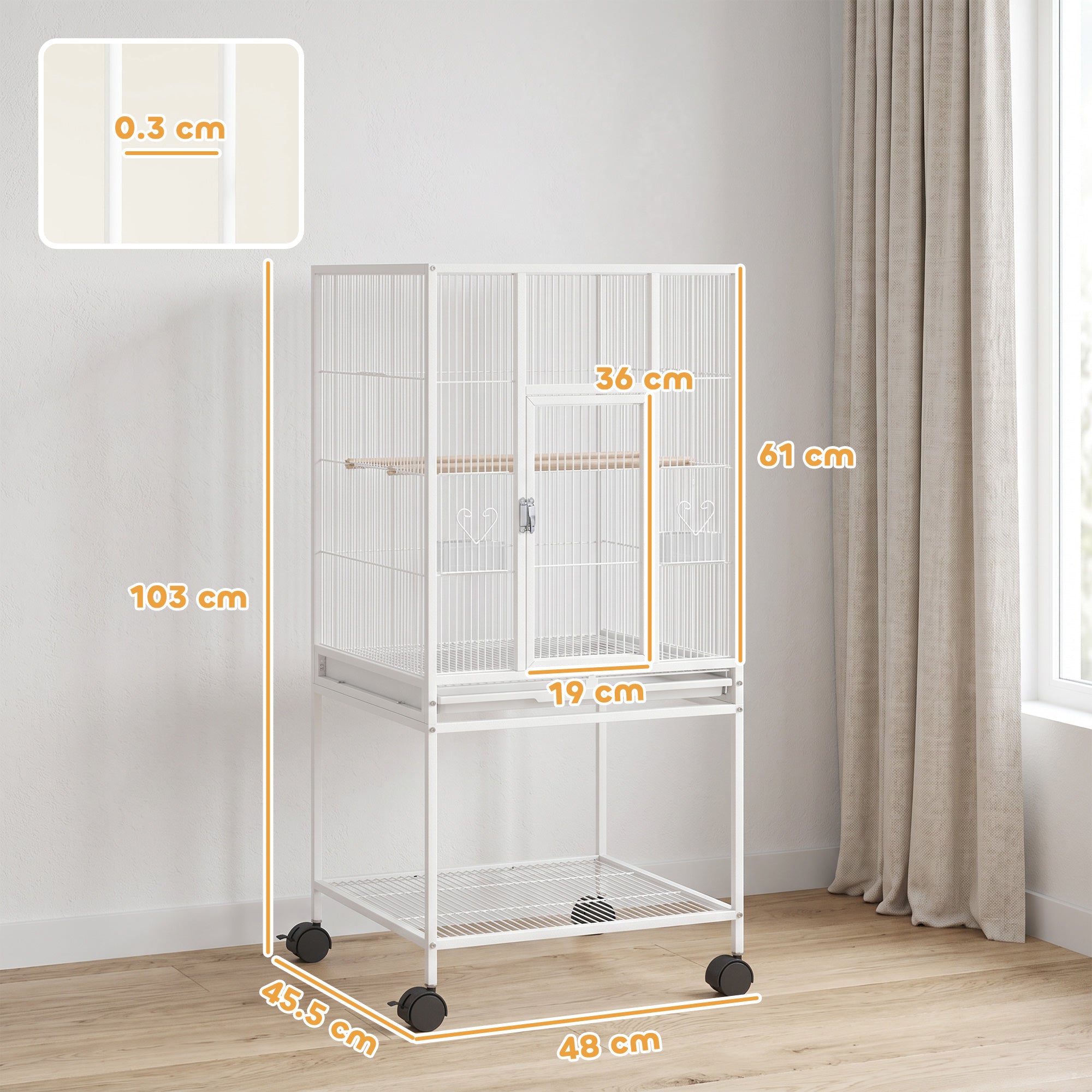 pawhut-cage-oiseaux-d-tachable-sur-roulettes-avec-tag-re-blanc image 5